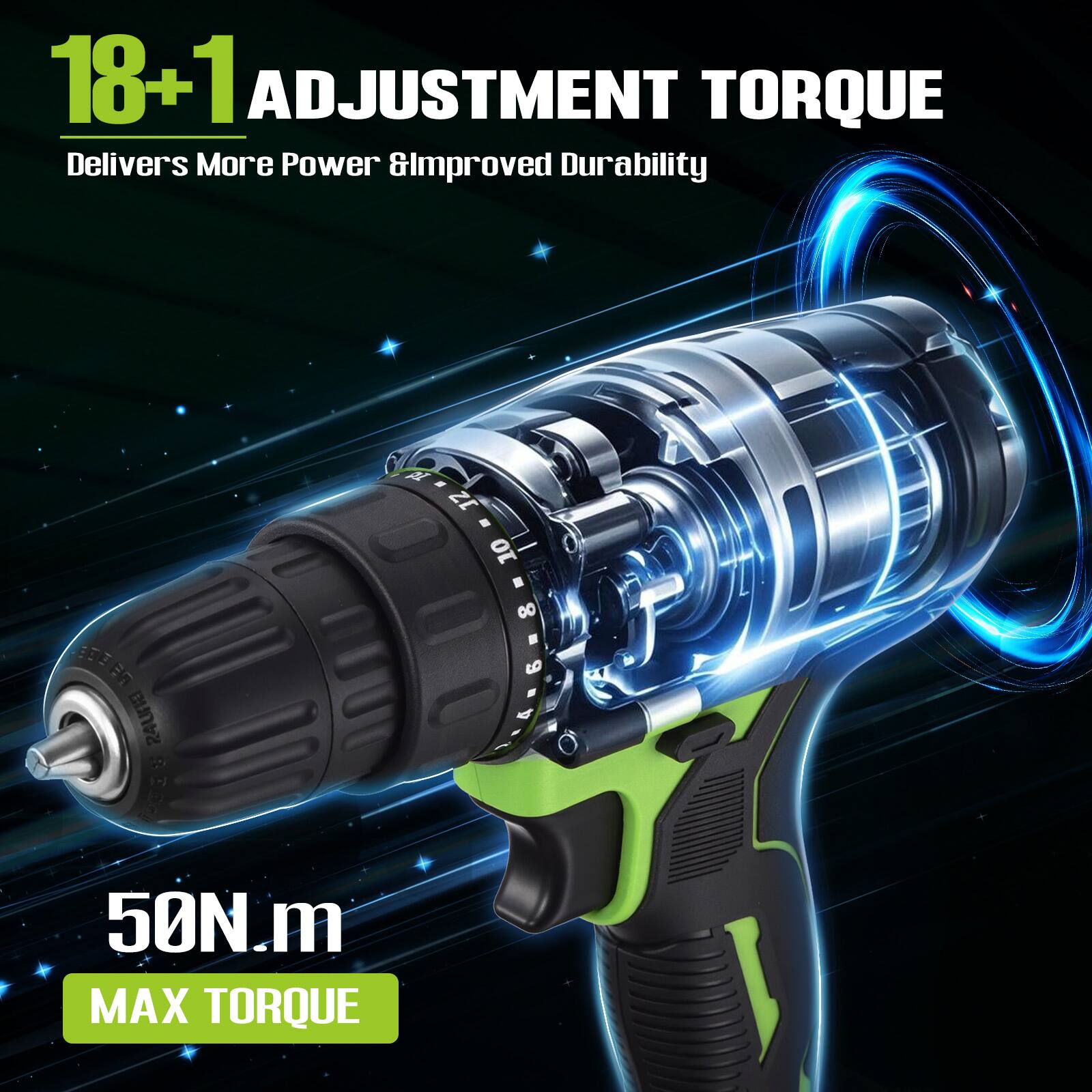 18+1 ADJUSTMENT TORQUE  
Delivers More Power & Improved Durability  

50N.m  
MAX TORQUE