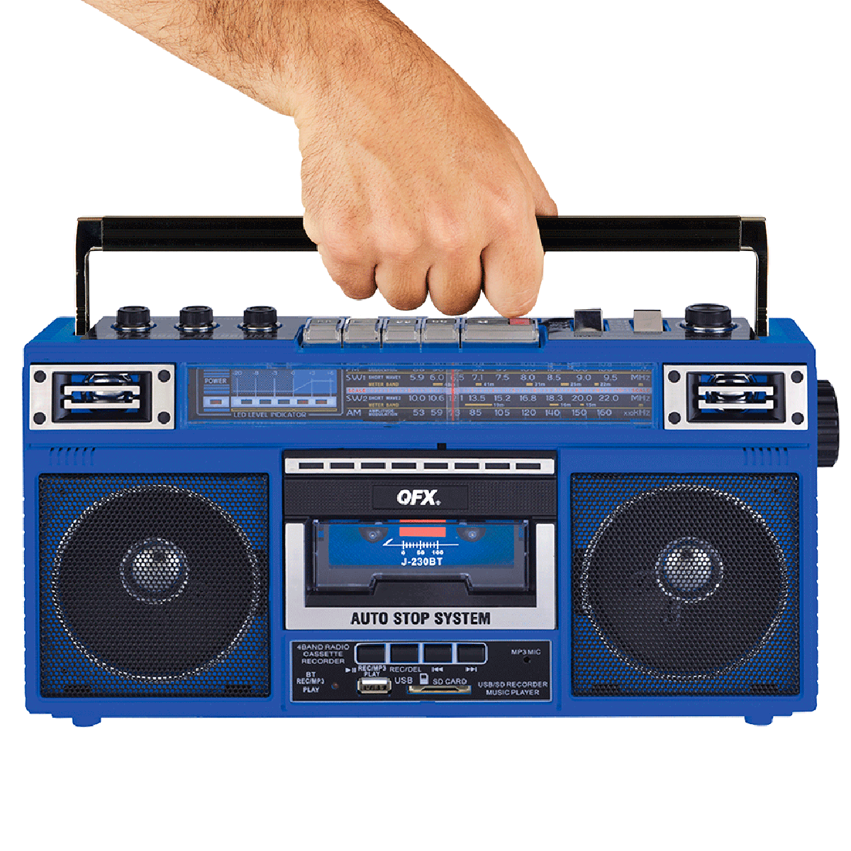 The text on the image reads:

"PREE LED LEVEL POTATOR SUUI - S.0 60 . MACE SW - 100 06 - AM 53 59 15 21 7 80 a.5 DA 9.5 P2 i i I I 12 B.8 183 200 220 220 105 120 10 15-0 160 0 TYEKIY 111117 OFX. osn+f4o++ + s 148 J-230BT AUTO STOP SYSTEM BANO RADIO CASSETTE NP3M REC/DEL PLAY REC/MPS USB So CARO USB/S0 ECORDER d PLAY MUSIC PLATER"

The text is a combination of various phrases and sentences, but it appears to be a description or instructions for a radio or cassette player. The phrases include "auto stop system," "play music player," and "rec/del."