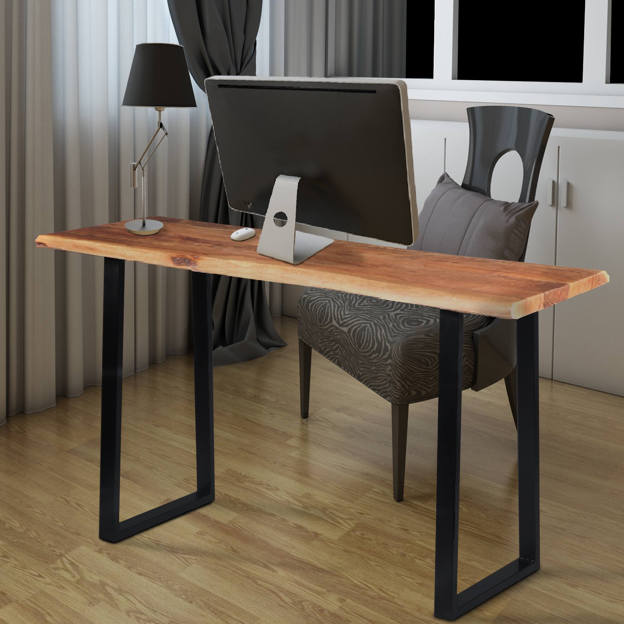 Alt View 7. Manhattan Lane - Industrial Wooden Live Edge Desk with Metal Sled Leg Support - Brown and Black.