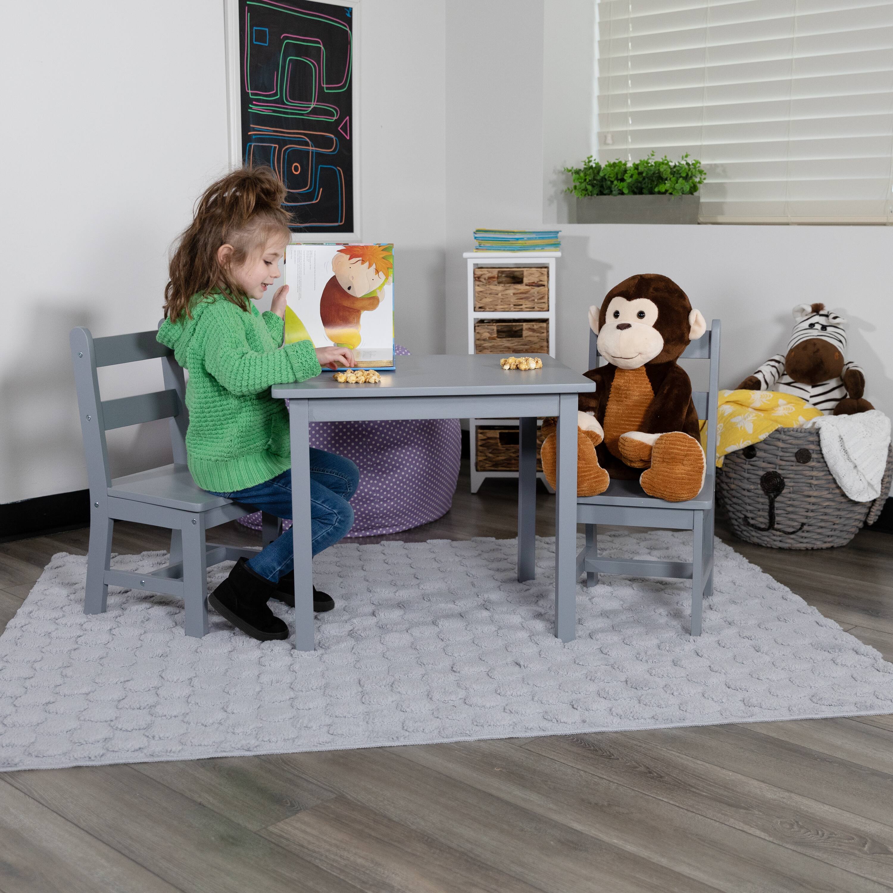 Alt View 4. Emma + Oliver - Kids 3 Piece Solid Hardwood Table and Chair Set for Playroom, Kitchen - Gray.