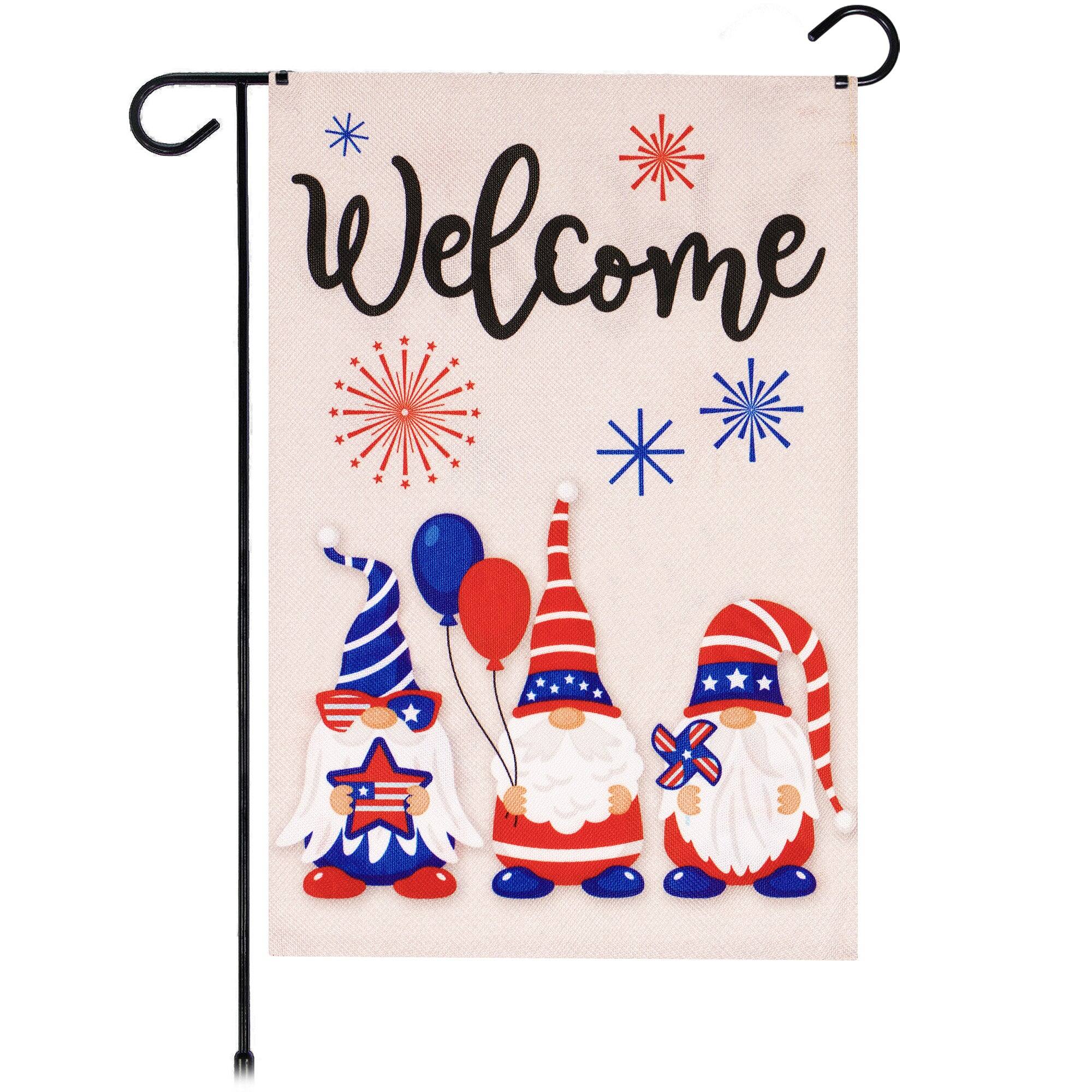 Front. G128 - Garden Flag Welcome Three Gnomes Celebrating 4th of July 12 x 18 in (32 x 46 cm) Burlap. - Assorted Colors.
