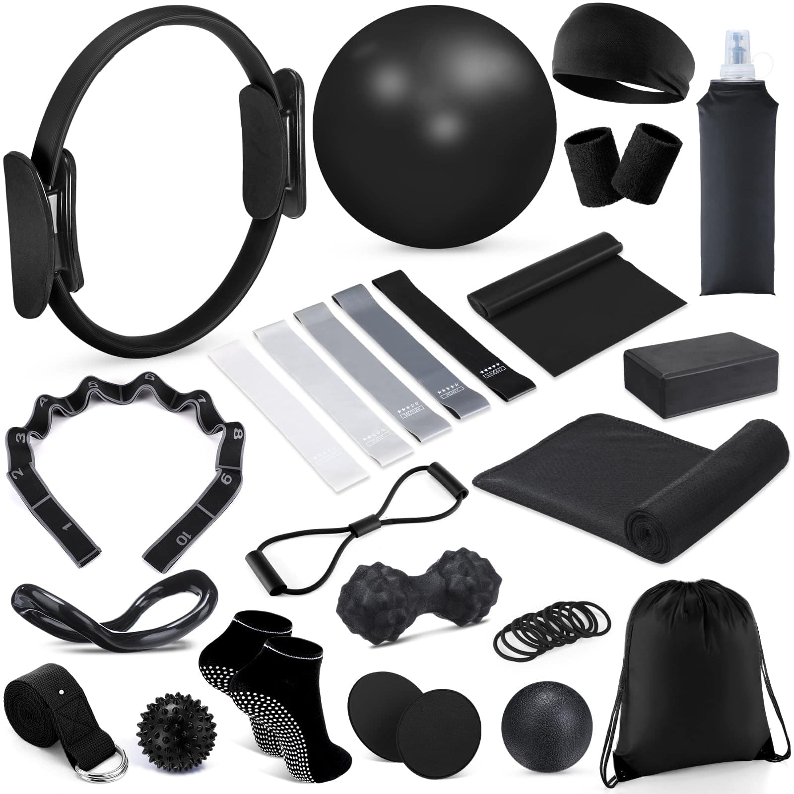 PARKER SLATER - Home Pilates Kit Women Equipment Ring Ball Yoga Resistance Exercise fitness 24 For And Set With Stretching Strap Water - Black