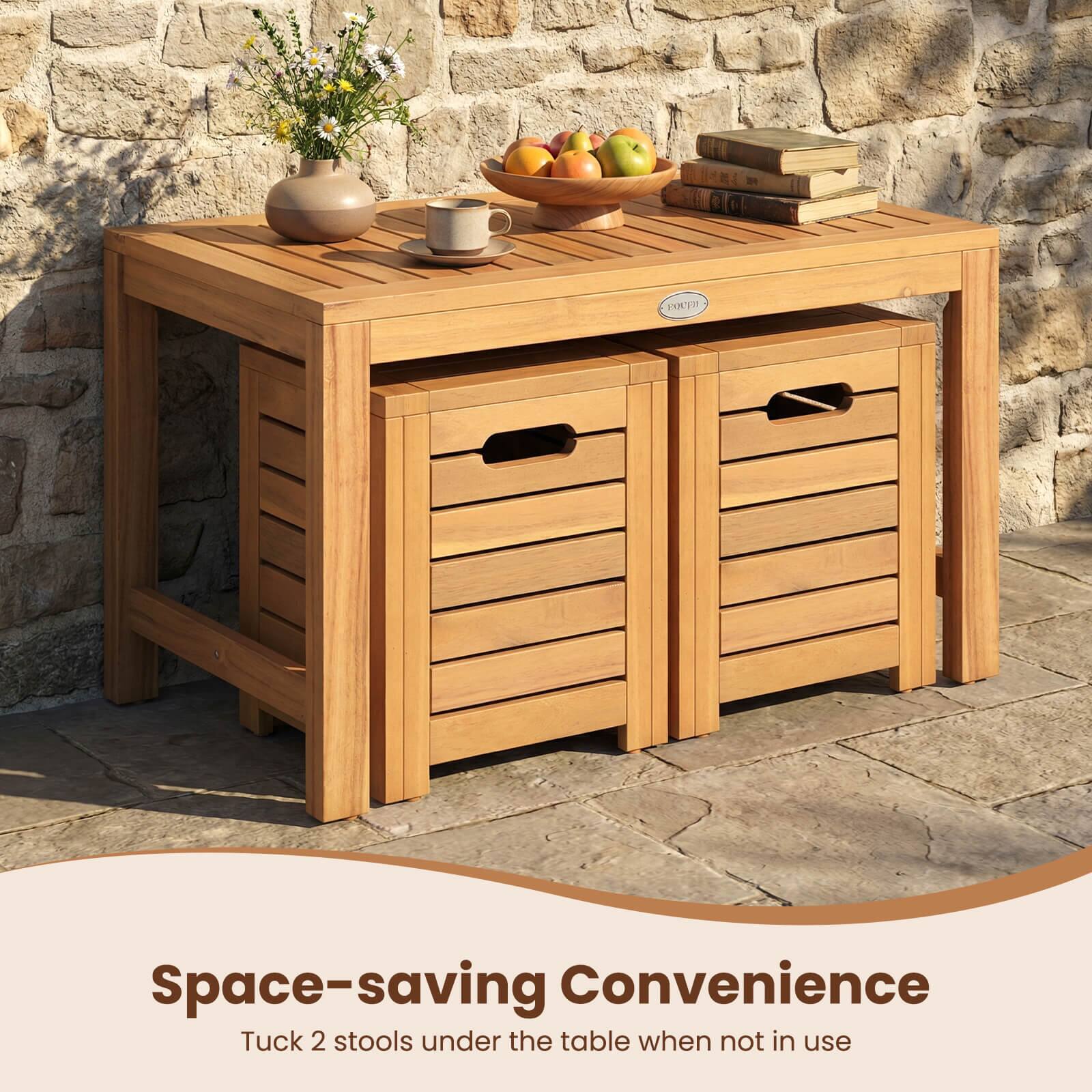 Space-saving Convenience  
Tuck 2 stools under the table when not in use