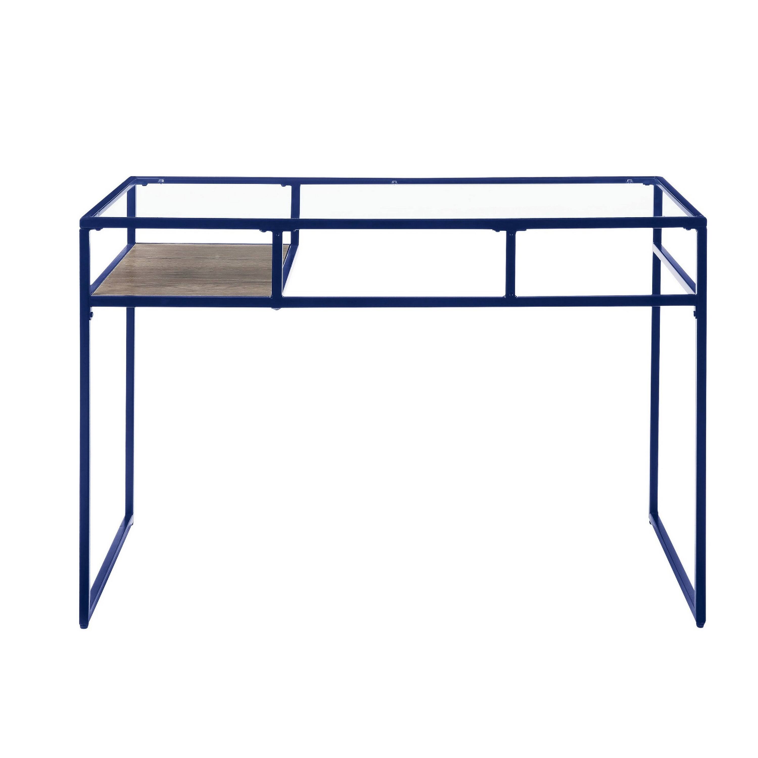 Angle. Manhattan Lane - Rectangular Glass Top Desk with Open Compartment and Sled Base, Blue - Blue.