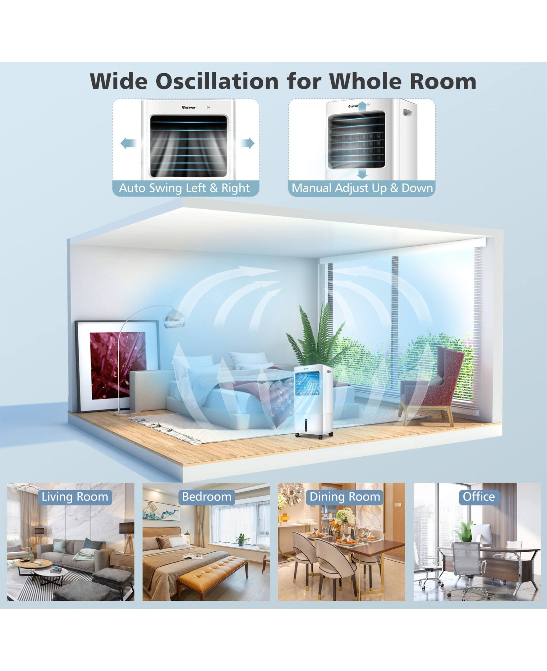 Wide Oscillation for Whole Room - Auto Swing Left & Right Manual Adjust Up & Down

Living Room
Bedroom
Dining Room
Office