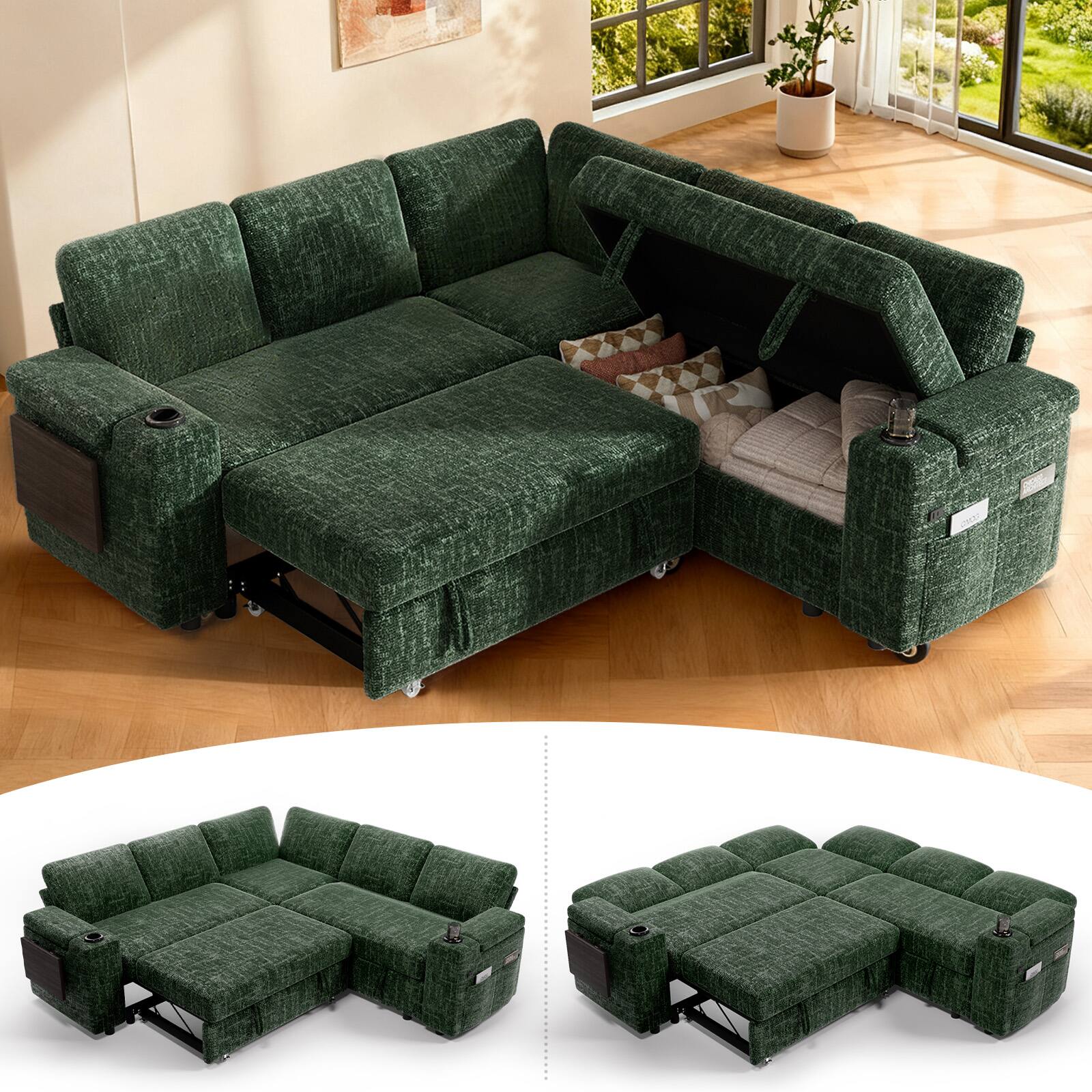 Back. Vipbear - Vipbear 85" Modular Sectional Sleeper Sofa with Pull Out Bed, 5 Seat L Shaped with Reclining Backrest,Chenille Green - Green.