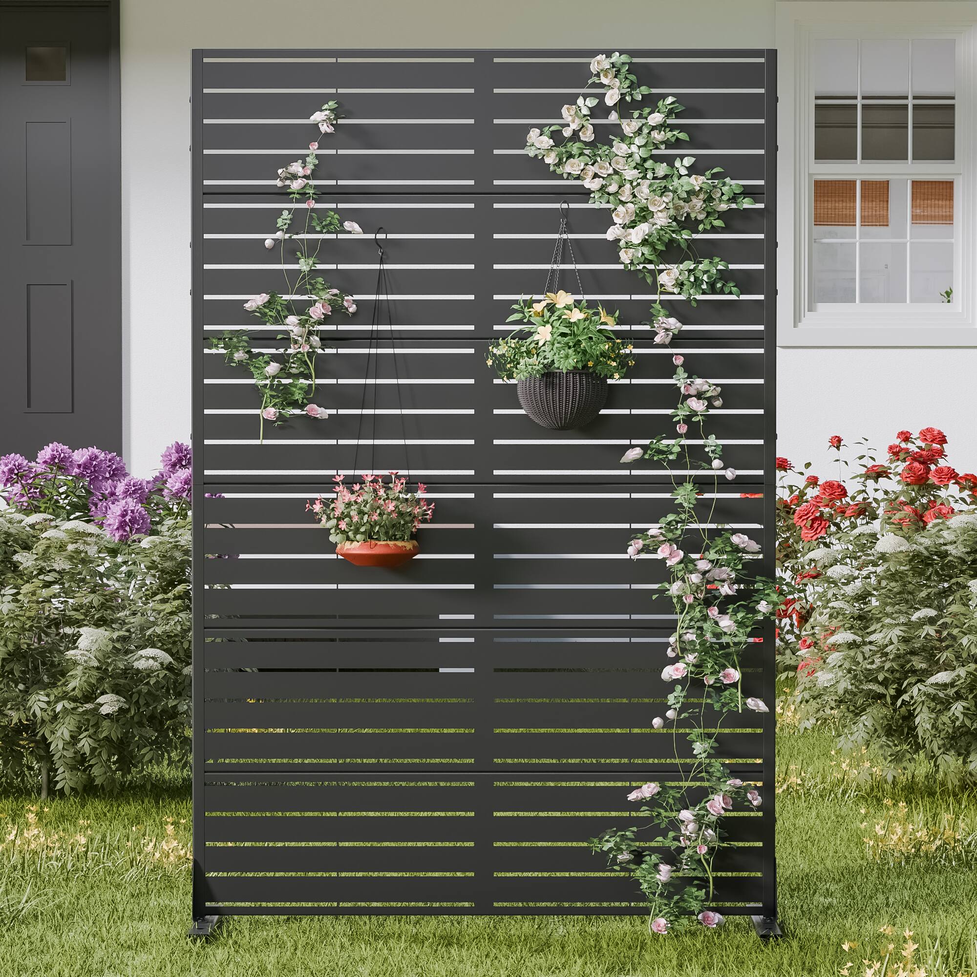 Alt View 1. PexFix - 72 in. x 47 in. Louvered Pattern Metal Outdoor Privacy Screen & Panels, Freestanding Garden Divider Fence - Black.