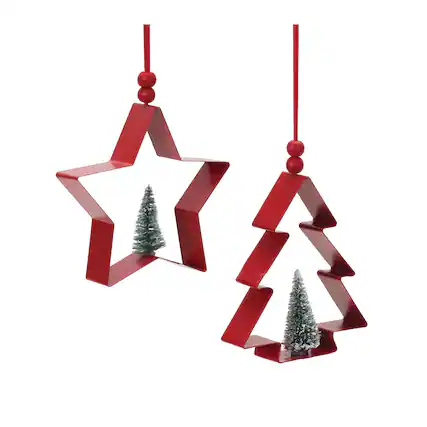 Front. BreeBe - Star and Pine Tree Cookie Cutter Ornament (Set of 6) - Red, Green.