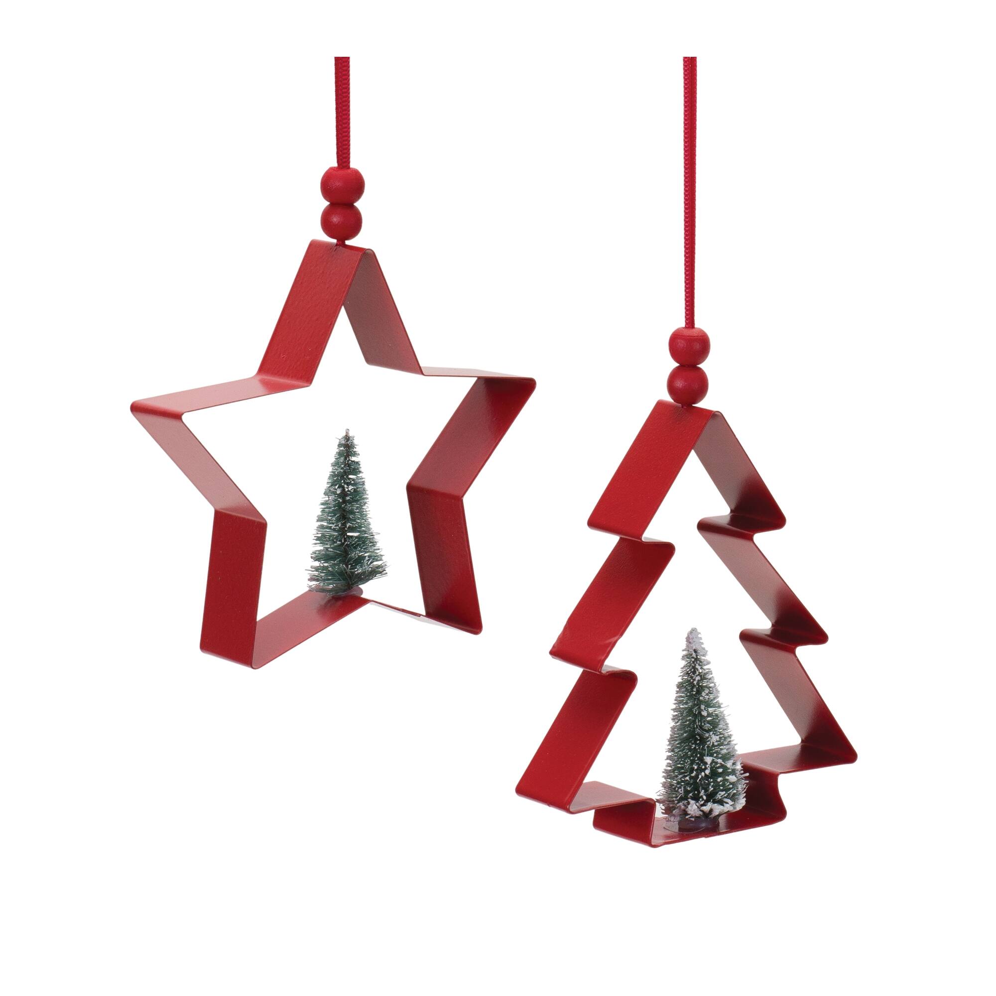 Front. BreeBe - Star and Pine Tree Cookie Cutter Ornament (Set of 6) - Red, Green.