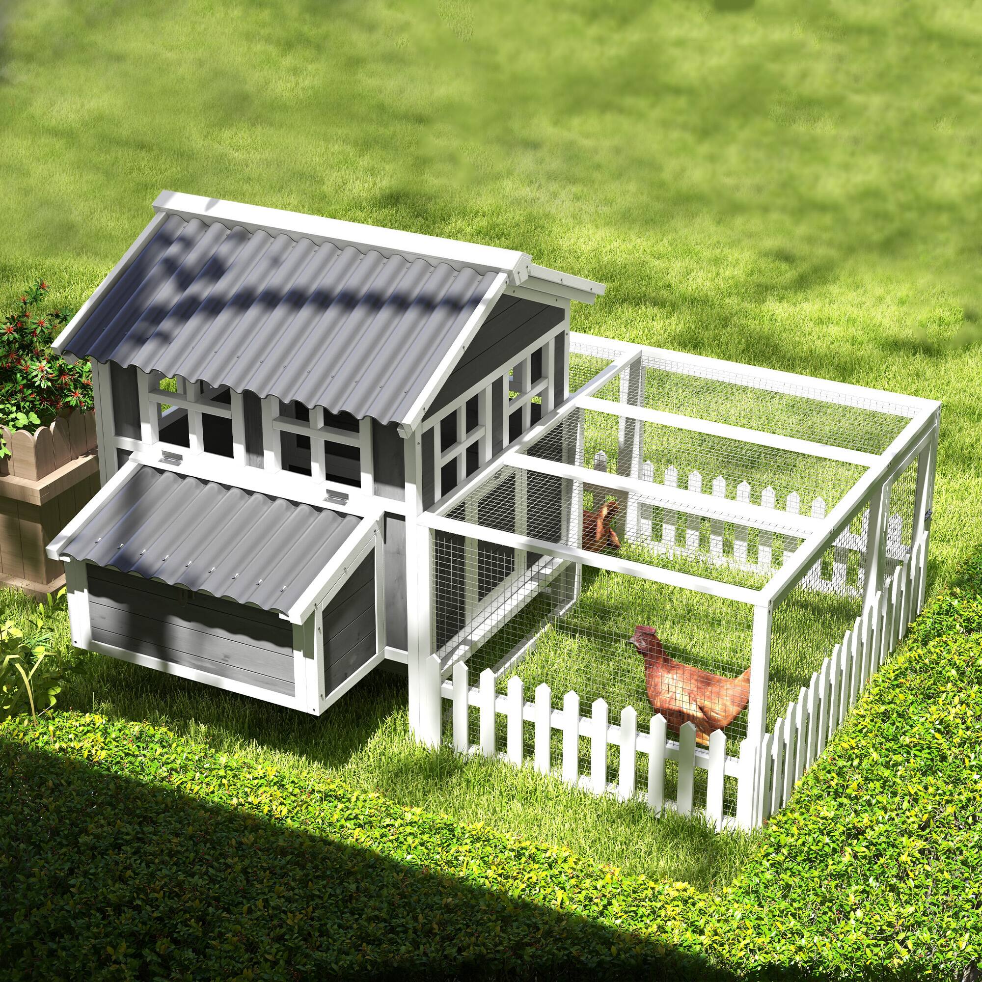 Alt View 5. Pawhut - 68" x 59" x 42" Gray Wooden Chicken Coop with Run, Nesting Box, Removable Tray & Fence for 1-2 Chickens.