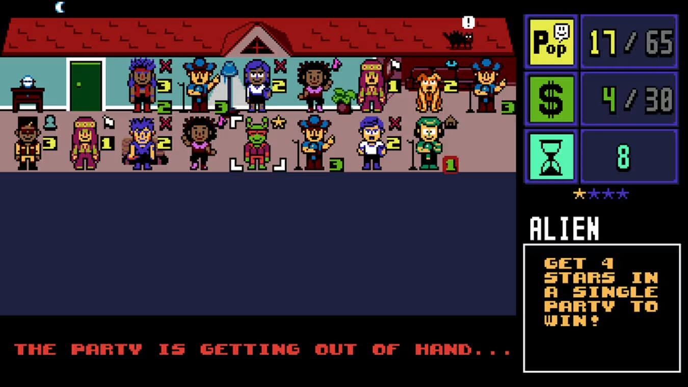 Sure, here is the corrected and grouped text from the image:

---

**Pop**  
17 / 65  
$ 4 / 38  
8  

**ALIEN**  
GET 4 STARS IN A SINGLE PARTY TO WIN!  

**THE PARTY IS GETTING OUT OF HAND...**
