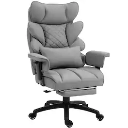 Dowinx - Wide Back Executive Office Chair with Padded Pocket Spring Cushion, Swivel Game Chair with Footrest and Rocking Function - Grey PU Leather