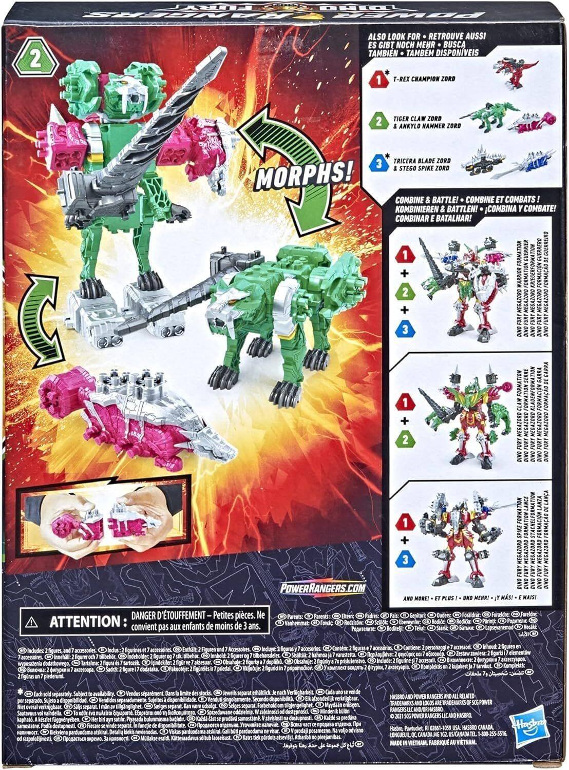 Here is the corrected and grouped text from the image:

---

**Power Rangers**

- **Morphs!**
  - **T-Rex Champion Zord**
  - **Tiger Claw Zord & Ankylo Hammer Zord**
  - **Triceratops Blade Zord & Stego Spike Zord**

**Combine & Battle!**
  - **Combine & Combats!**
  - **Kombinieren & Battlen!**
  - **Combinar & Batallar!**

**Formation Warrior**
  - **Guerrero**
  - **Guerreiro**
  - **Warrior**
  - **Krieger**
  - **Formación**
  - **Formação**

**Megazord**
  - **Megazord**
  - **Megazord**
  - **Megazord**
  - **Megazord**
  - **Megazord**
  - **Megazord**
  - **Megazord**
  - **Megazord**

**Power Rangers.com**

**Attention:**
- **Danger:**
  - **Petites pièces.**
  - **Conviene a niños de más de 3 años.**
  - **Vanhemmat:**
  - **Rodzic:**
  - **Foreldre:**
  - **Paring:**
  - **Vanhemmat:**
  - **Enthale:**
  - **Foddai:**
  - **Foreldee:**
  - **Lapsewenemad:**
  - **Amessoires:**
  - **Inhout includes figures accessories figurines ccessoires:**
  - **Figure elementee:**
  - **SR hahmca warustetta:**
  - **glayDOvec geymlpec:**
  - **000 zwieTE Sgur:**

**Contains:**
- **Personnage accessoires:**
- **Includes figures accessories:**
- **Figurines accessoires:**

**Made in Vietnam**

---

This text is grouped based on the different sections and languages present on the packaging.