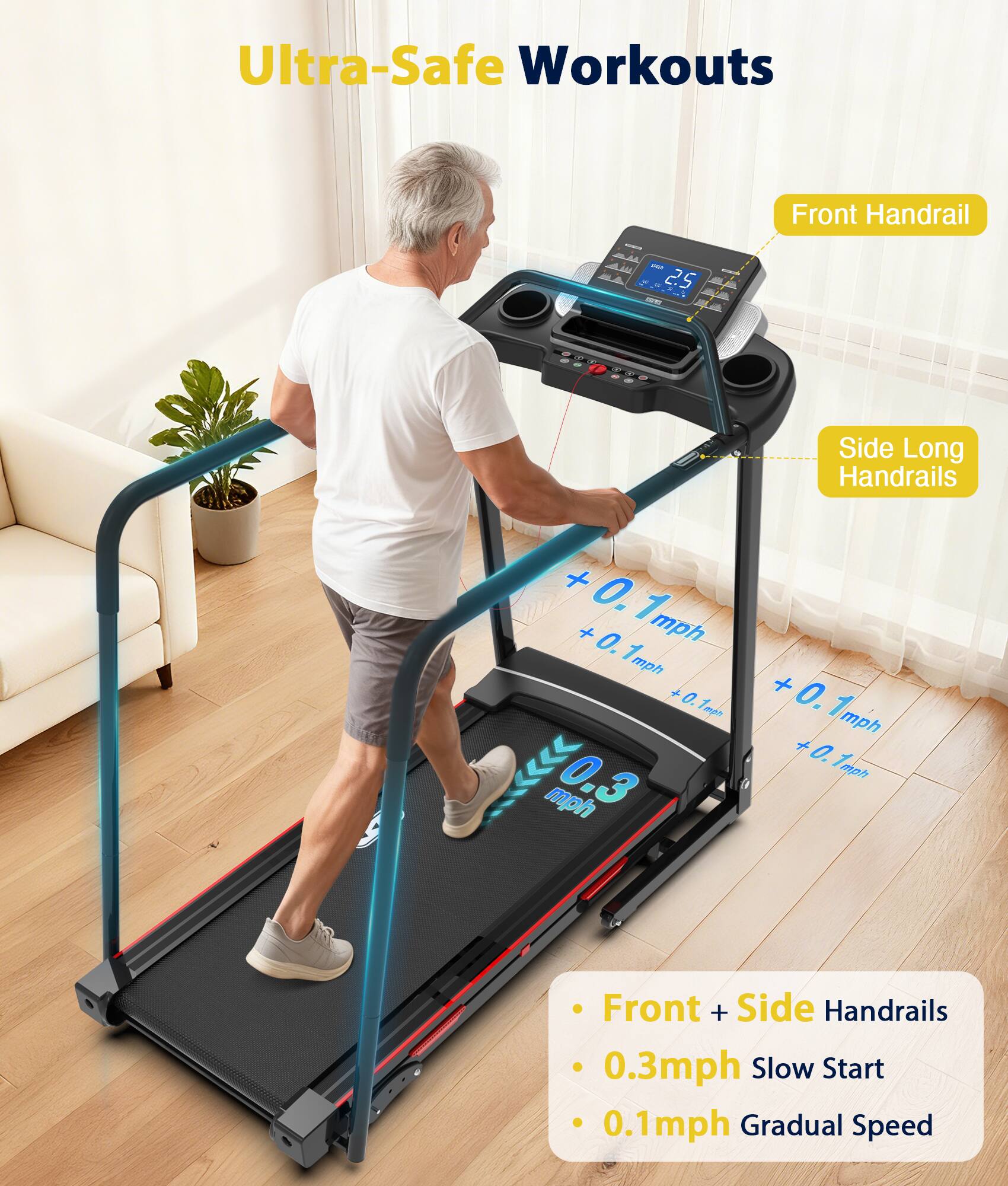 Ultra-Safe Workouts

Front Handrail - 2.5

Side Long Handrails

+ 0.1mph
+ 0.1mph
+ 0.1mph
+ 0.1mph

Front + Side Handrails
0.3mph Slow Start
0.1mph Gradual Speed