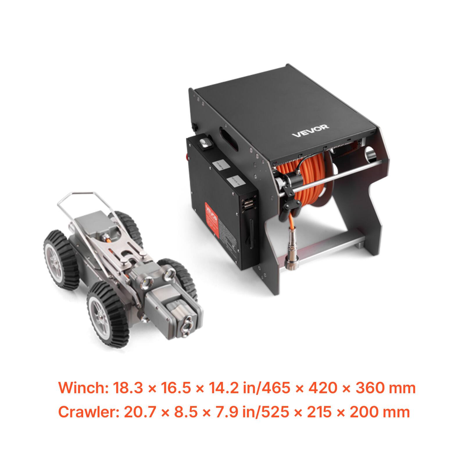 VEVOR Winch: 18.3 x 16.5 x 14.2 in/465 x 420 x 360 mm  
Crawler: 20.7 x 8.5 x 7.9 in/525 x 215 x 200 mm