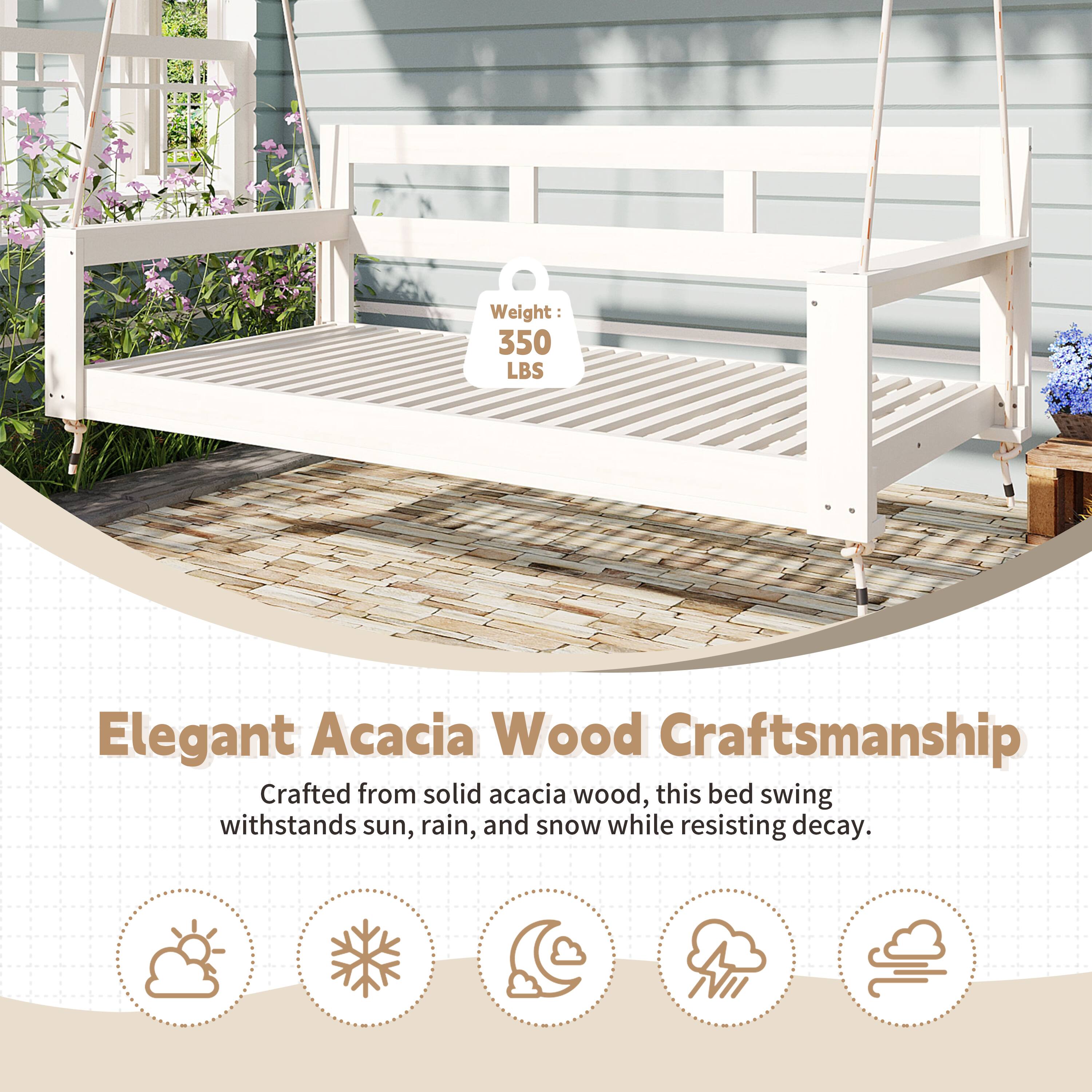 Weight: 350 LBS

Elegant Acacia Wood Craftsmanship

Crafted from solid acacia wood, this bed swing withstands sun, rain, and snow while resisting decay.