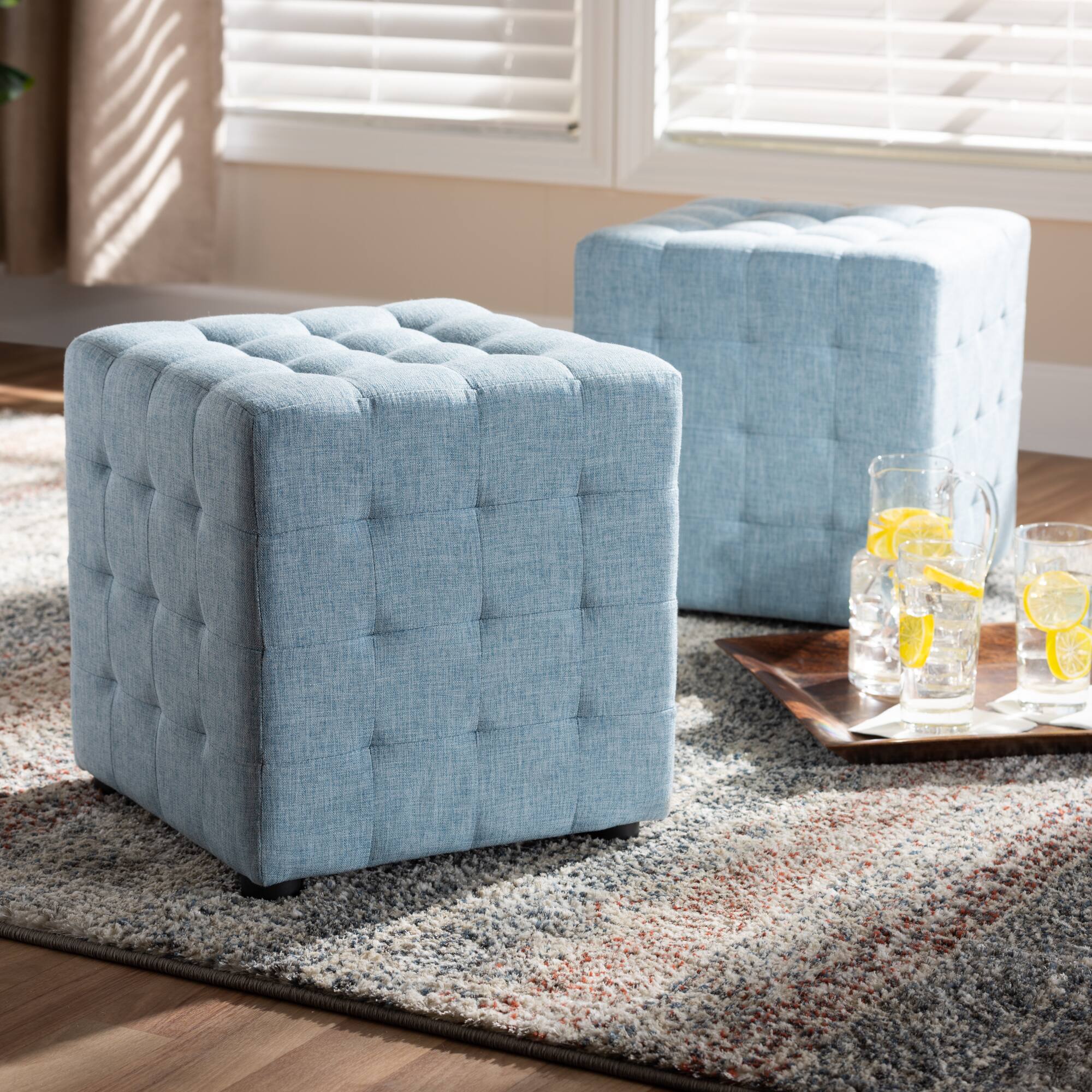 Back. Baxton Studio - Elladio Modern and Contemporary Fabric Upholstered Tufted Cube Ottoman Set - Light Blue.