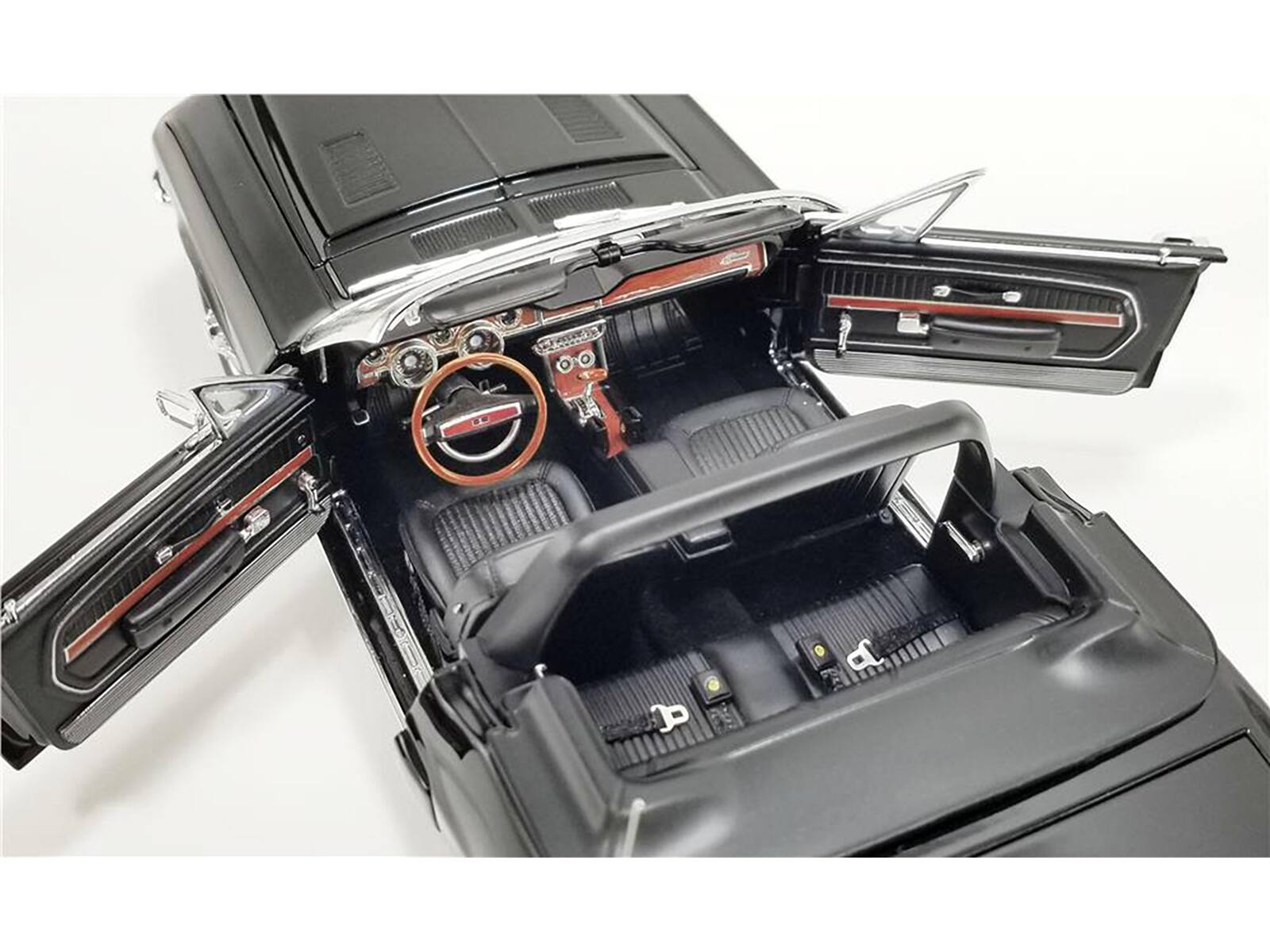 Left. ACME - 1968 Shelby GT500 KR Convertible Black with White Stripes Limited Edition to 480 pieces Worldwide 1/18 - Black and White.