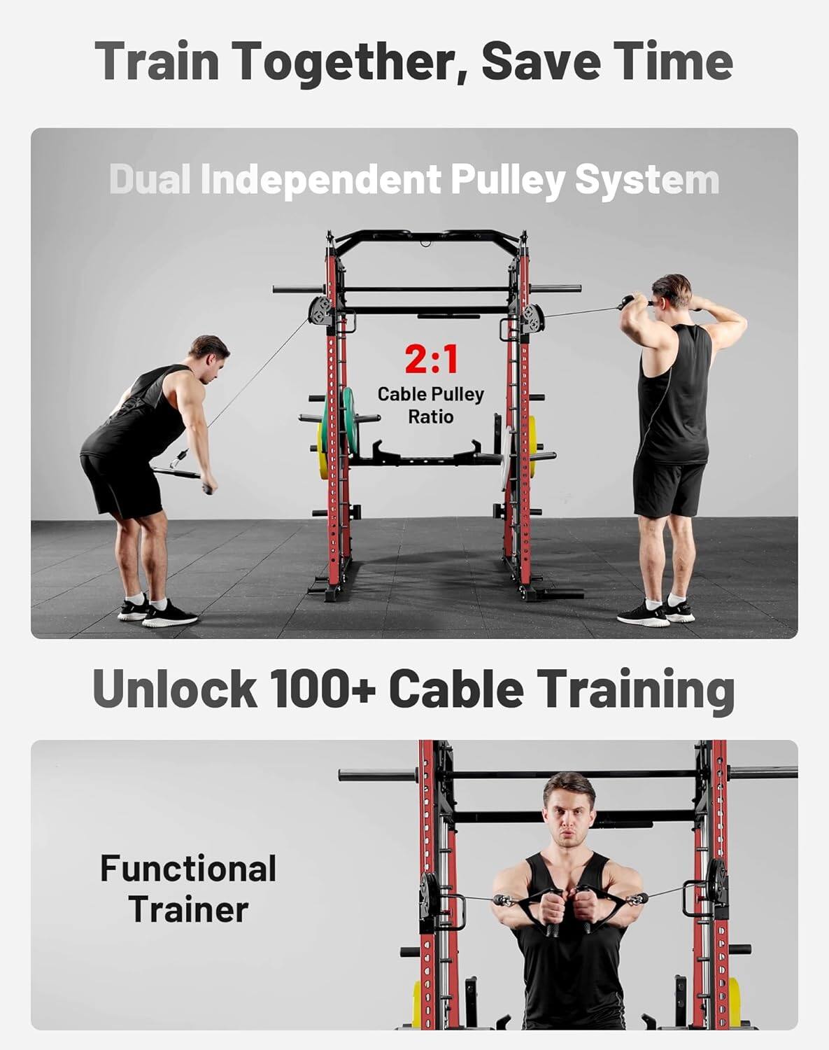 Train Together, Save Time

Dual Independent Pulley System

2:1 Cable Pulley Ratio

Unlock 100+ Cable Training

Functional Trainer