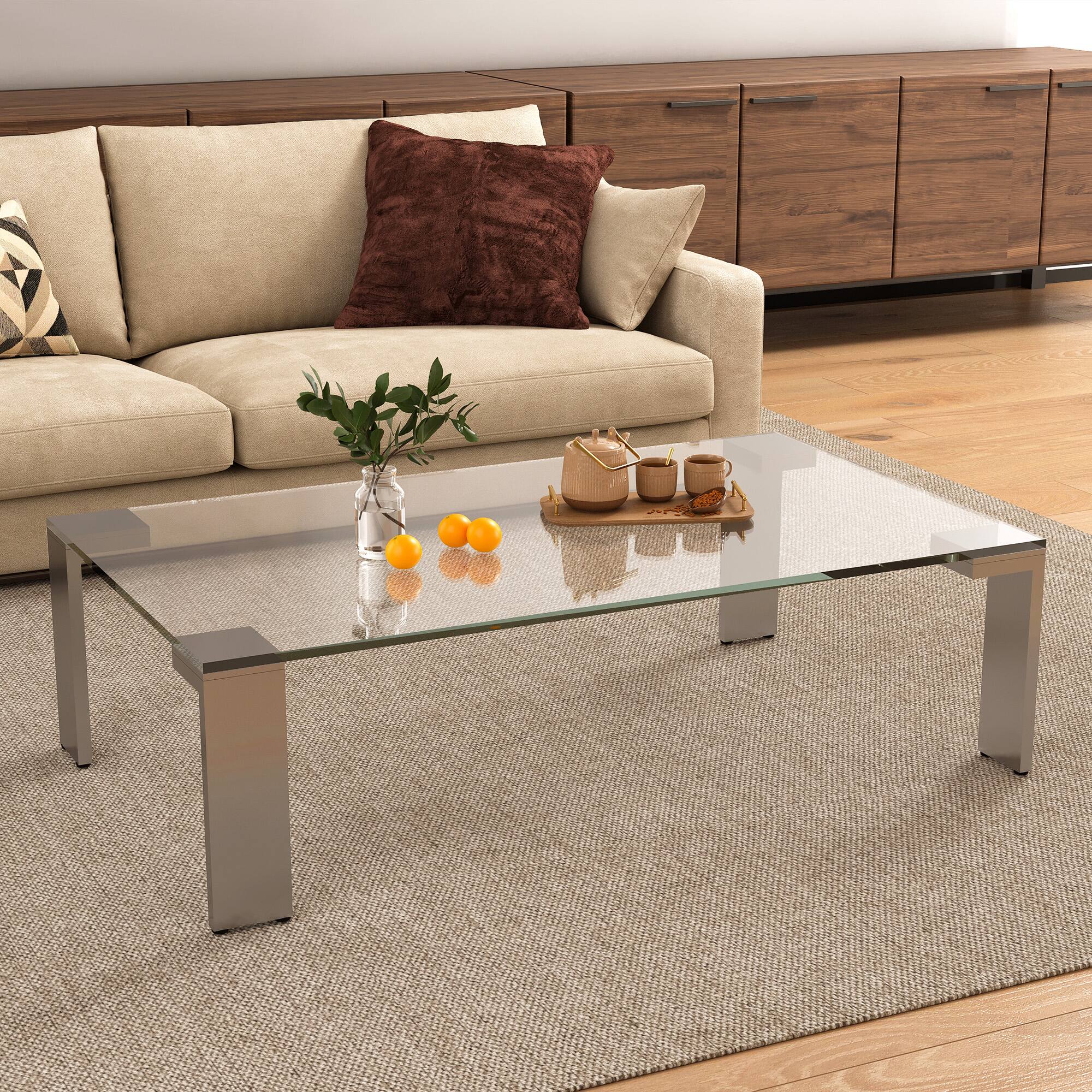 Angle. luck idea - Modern Tempered Glass Coffee Table with Stainless Steel Legs, 47.2" Rectangular Clear Table for Living Room - Clear Glass.