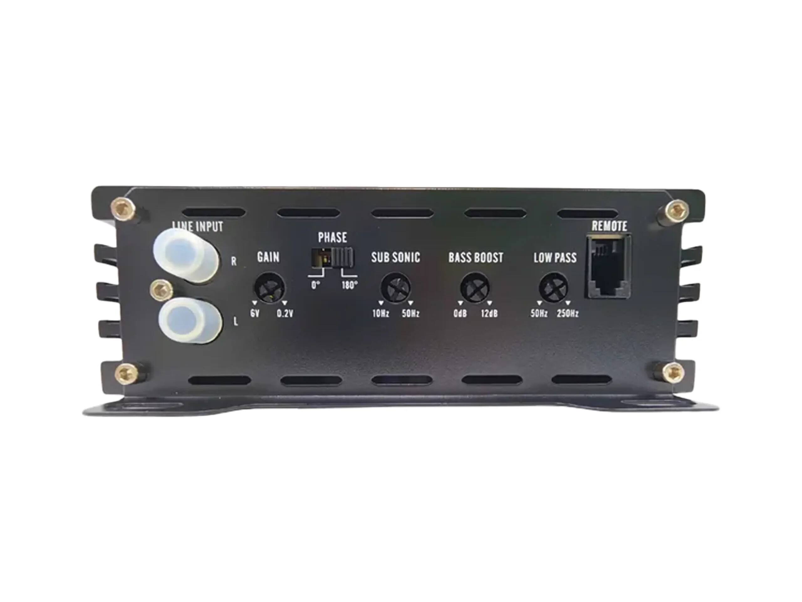 LIME INPUT R GAIN PHASE SUB SONIC BASS BOOST REMOTE LOW PASS  
0.2V 10Hz 50Hz 0° 180° 50Hz 250Hz