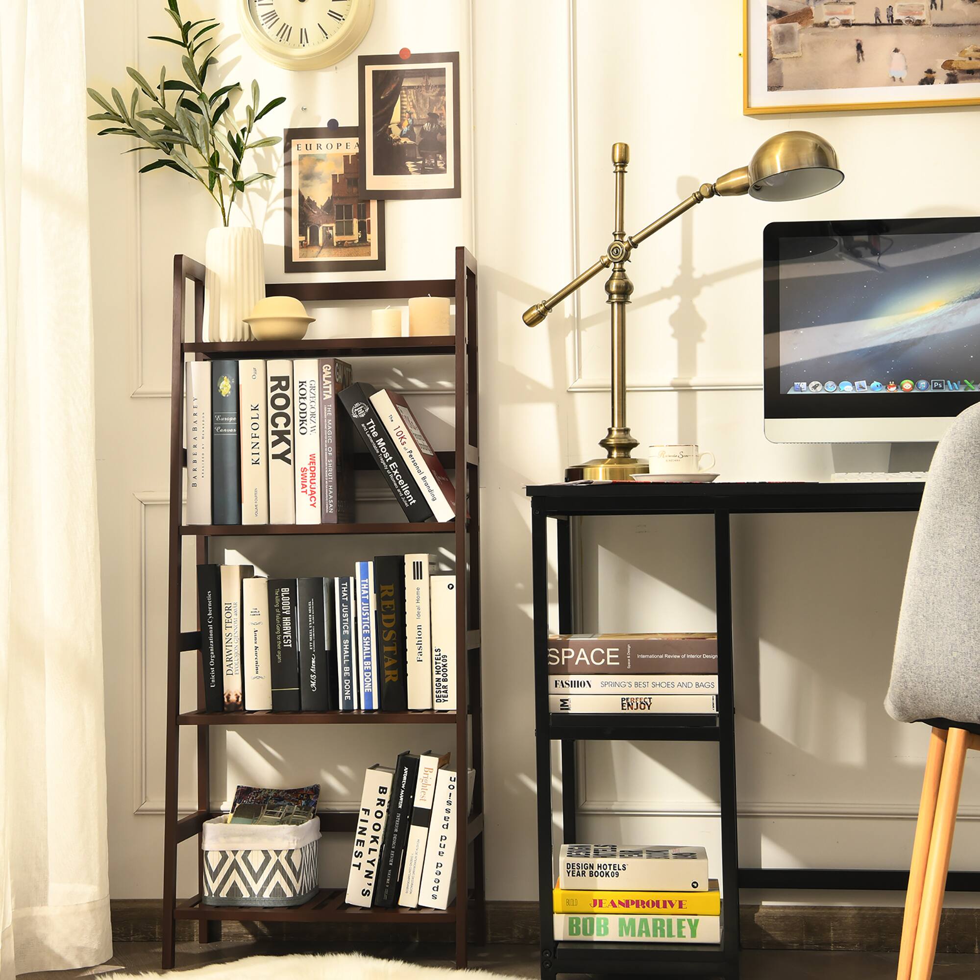 The image features a bookshelf filled with various books, some of which are stacked on top of each other. The bookshelf is located in a corner of a room, and there is a desk nearby with a computer on it. A clock is also visible in the room, hanging on the wall. The books on the shelf are arranged in a somewhat disorganized manner, with some books placed horizontally and others vertically. The overall scene gives off a cozy and lived-in atmosphere.