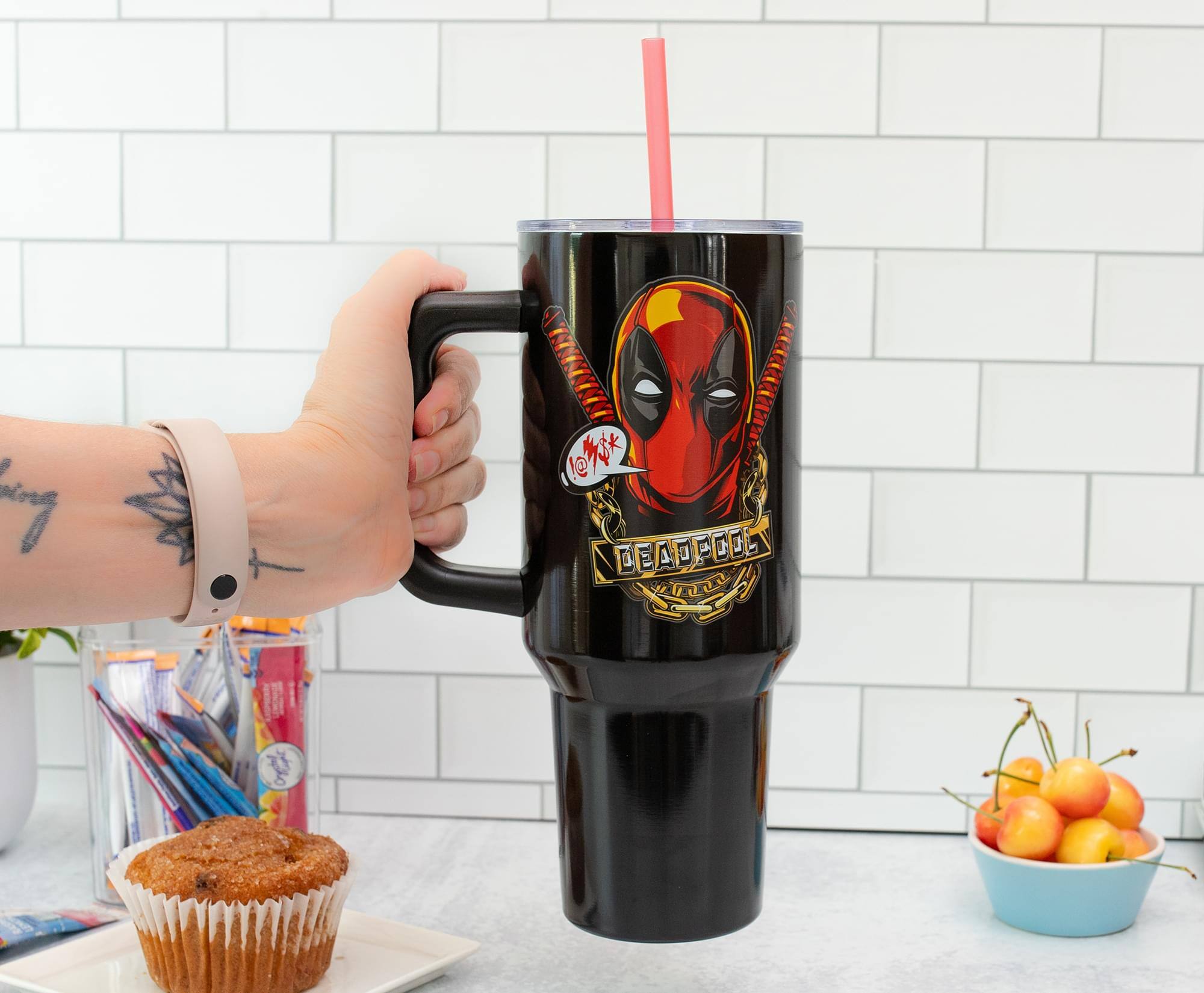Alt View 5. Marvel - Marvel Deadpool Stainless Steel Tumbler With Handle | Holds 40 Ounces - Black.