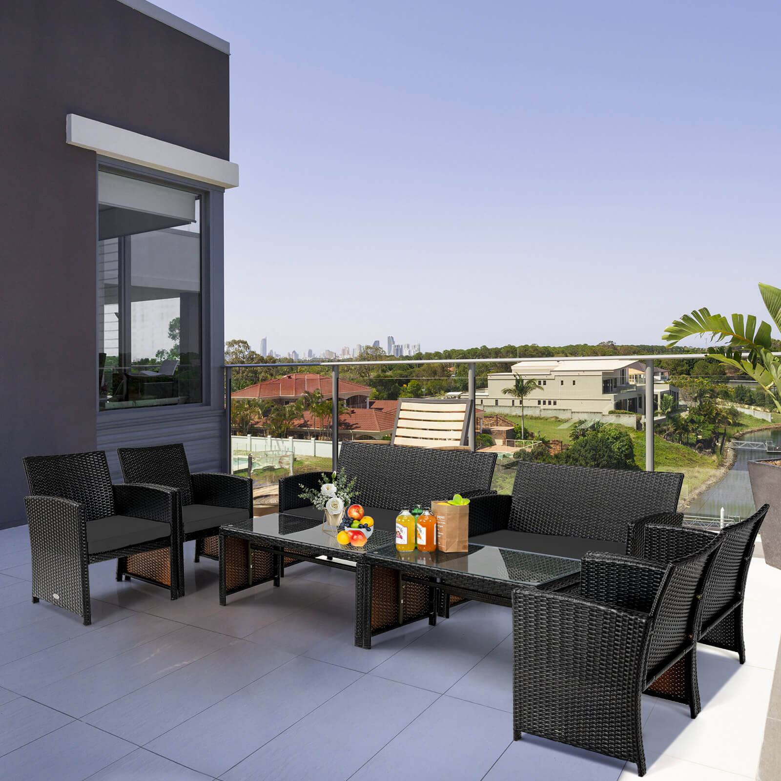 Alt View 3. Costway - Costway 4PCS Patio Rattan Furniture Set Cushioned Chair Sofa Table - Black.