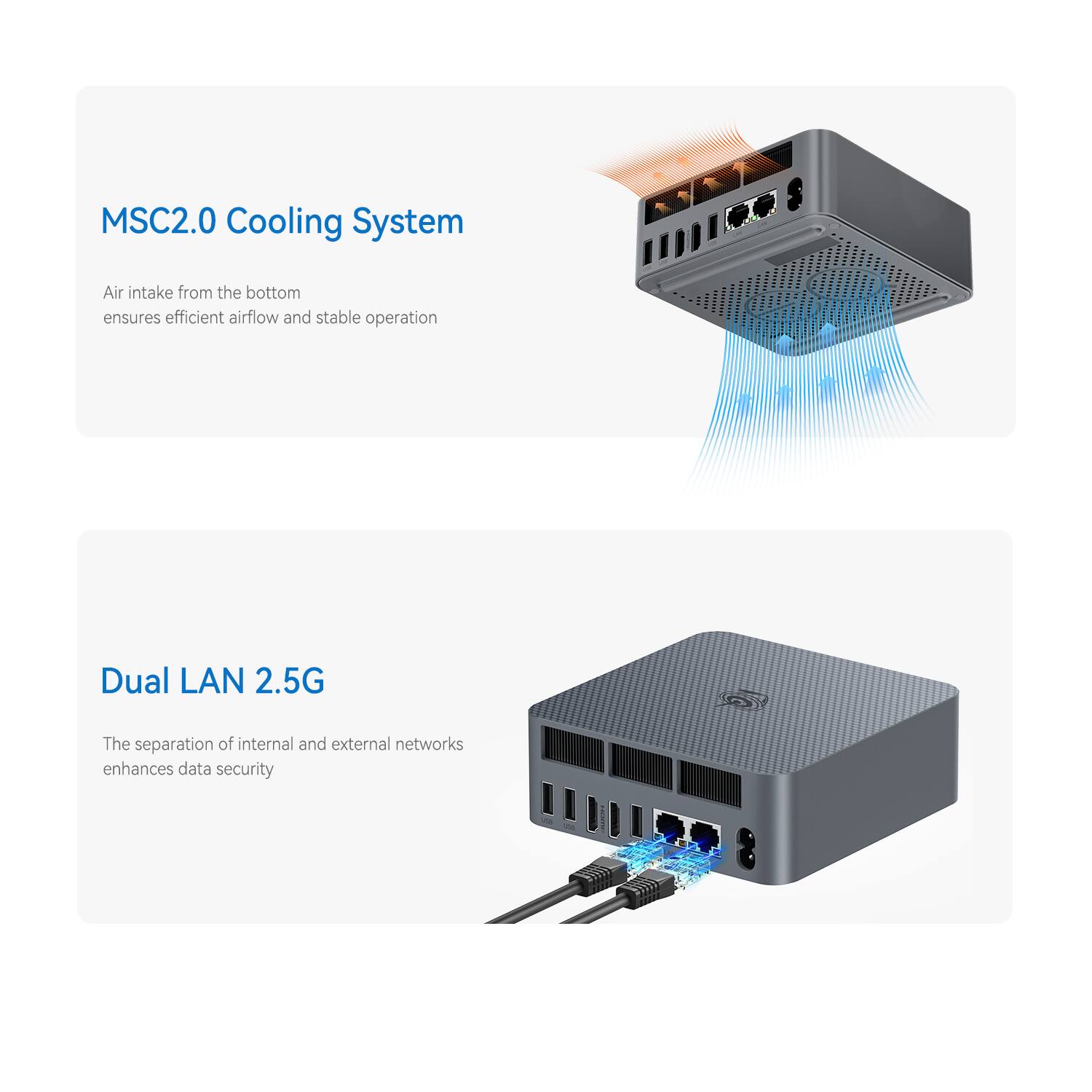 MSC2.0 Cooling System  
Air intake from the bottom ensures efficient airflow and stable operation  

Dual LAN 2.5G  
The separation of internal and external networks enhances data security