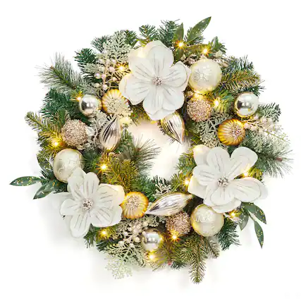 Front. Acekool - 24 Inch Christmas Wreaths with Lights Pine Needles and Balls Decoration for Front Door White and Gold - White and Gold.