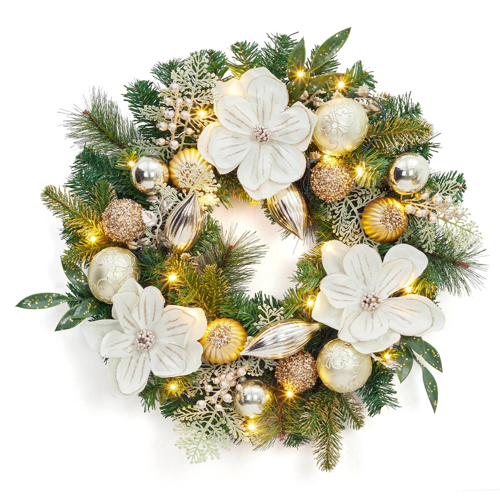Front. Acekool - 24 Inch Christmas Wreaths with Lights Pine Needles and Balls Decoration for Front Door White and Gold - White and Gold.