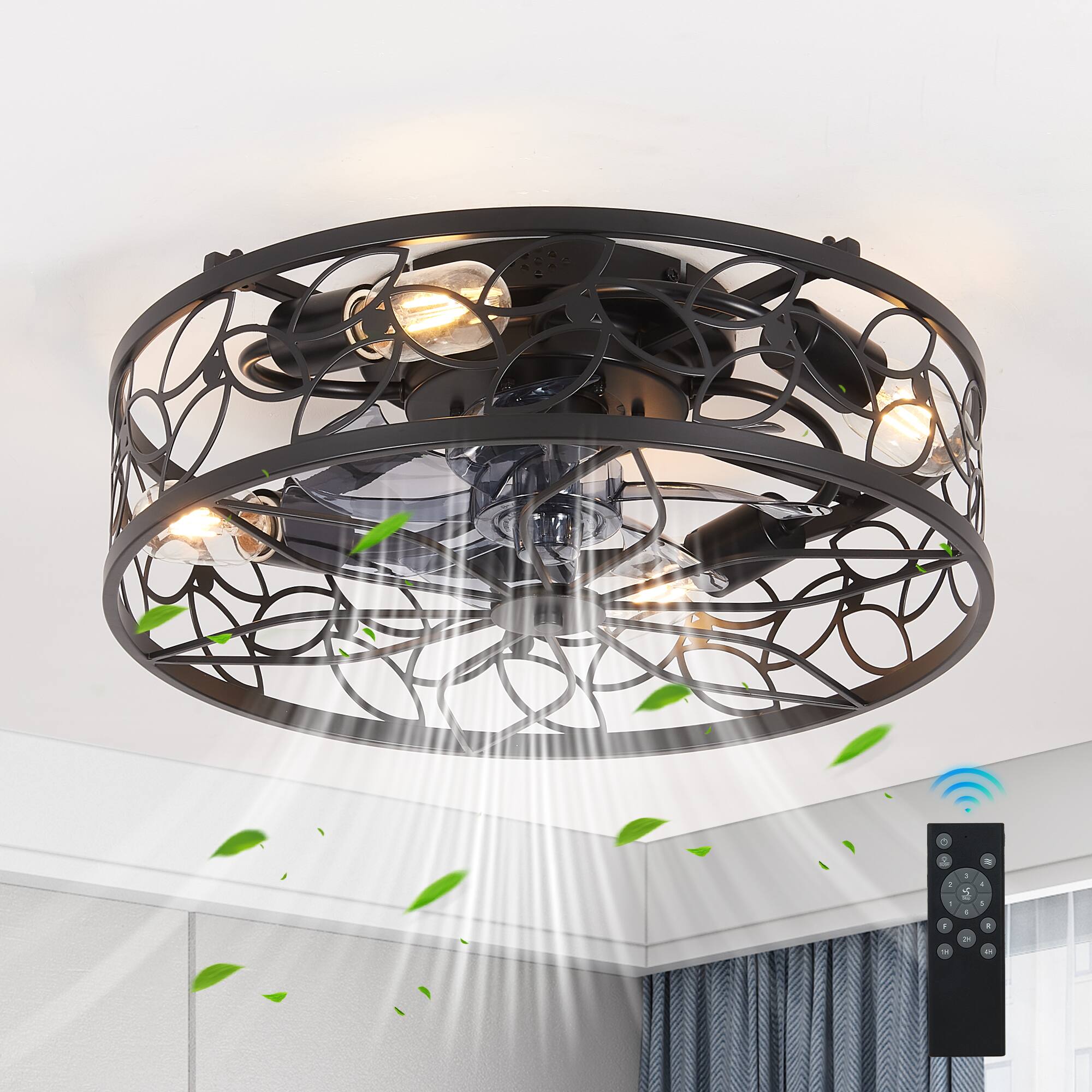 Alt View 1. TinyHomie - 18 inch Black Vintage Caged Ceiling Fan Light Quiet Operation Remote Control Industrial Style.