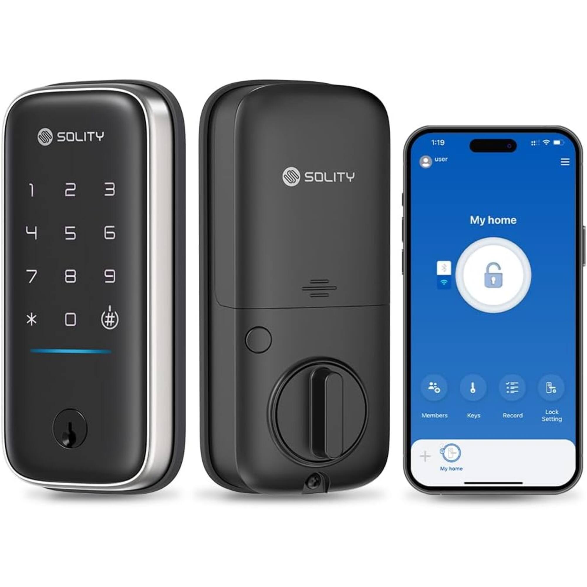 SOLITY
1:19
user
1
2
3
SOLITY
4
5
6
My home
7
8
9
0
Members
Keys
Record
Lock Setting
+
