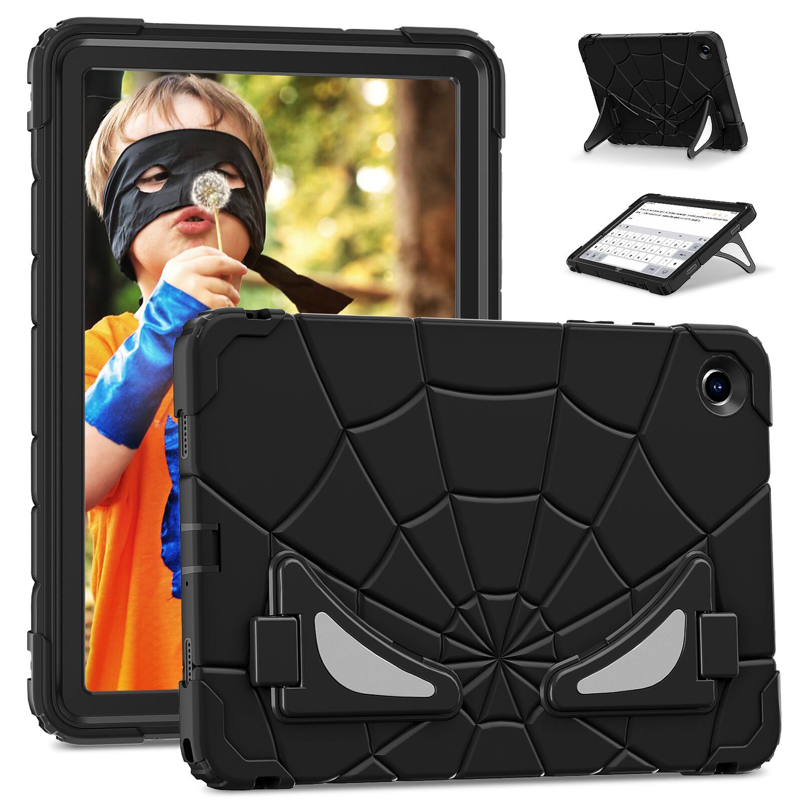Angle. Dteck - Rugged Case for Samsung Galaxy Tab A9+, Shockproof Dual-Layer Protective Cover with Built-In Kickstand and Pencil Holder - Black.