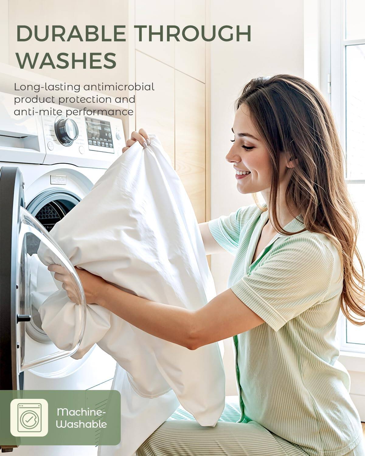 DURABLE THROUGH WASHES

Long-lasting antimicrobial product protection and anti-mite performance

Machine-washable