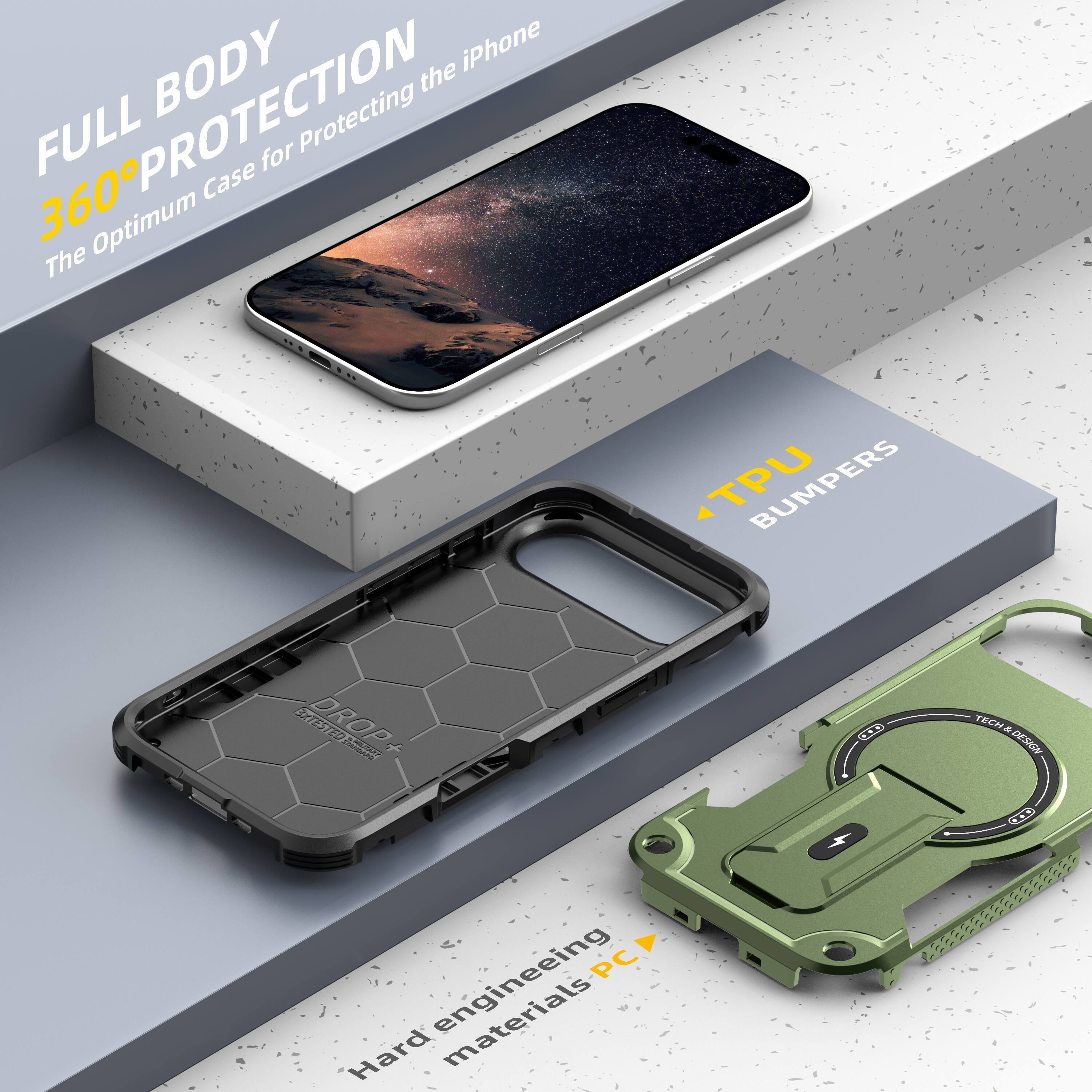 FULL BODY 360° PROTECTION  
The Optimum Case for Protecting the iPhone  

TPU BUMPERS  

Hard engineering materials PC  

TECH DESIGN