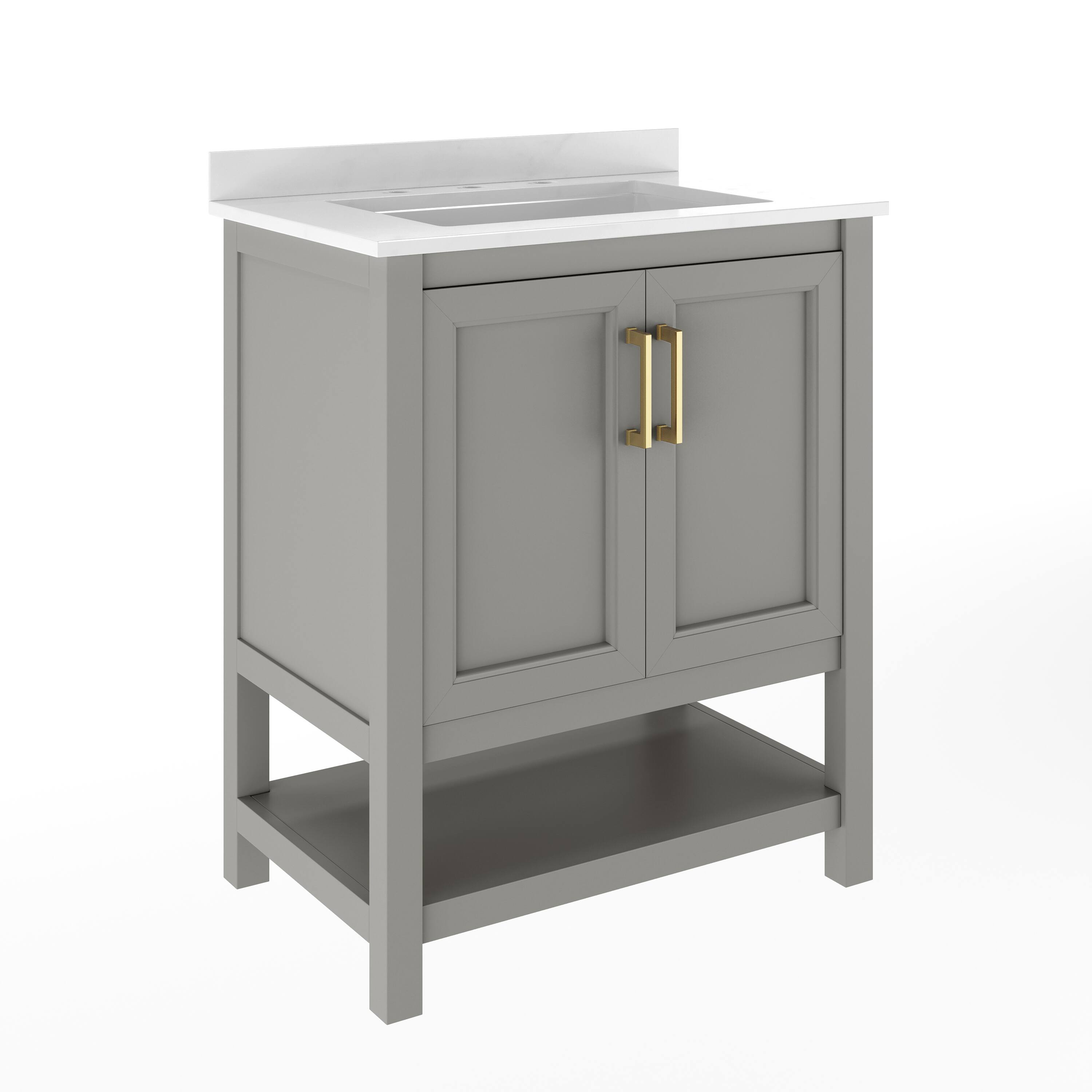 Alt View 1. Emma + Oliver - Vesta Bathroom Vanity, Single Sink Cabinet with 2 Soft Close Doors and Open Shelf, Carrara Marble Finish Countertop - Gray Frame/Gold Hardware.