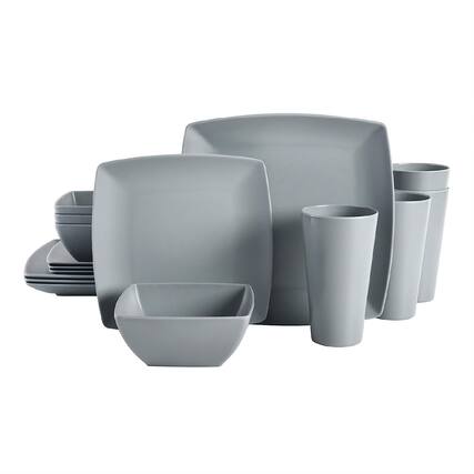 Front. Gibson - Gibson Home 16 Piece Square Melamine Dinnerware Set Plates, Bowls, & Cups, Grey - Gray.