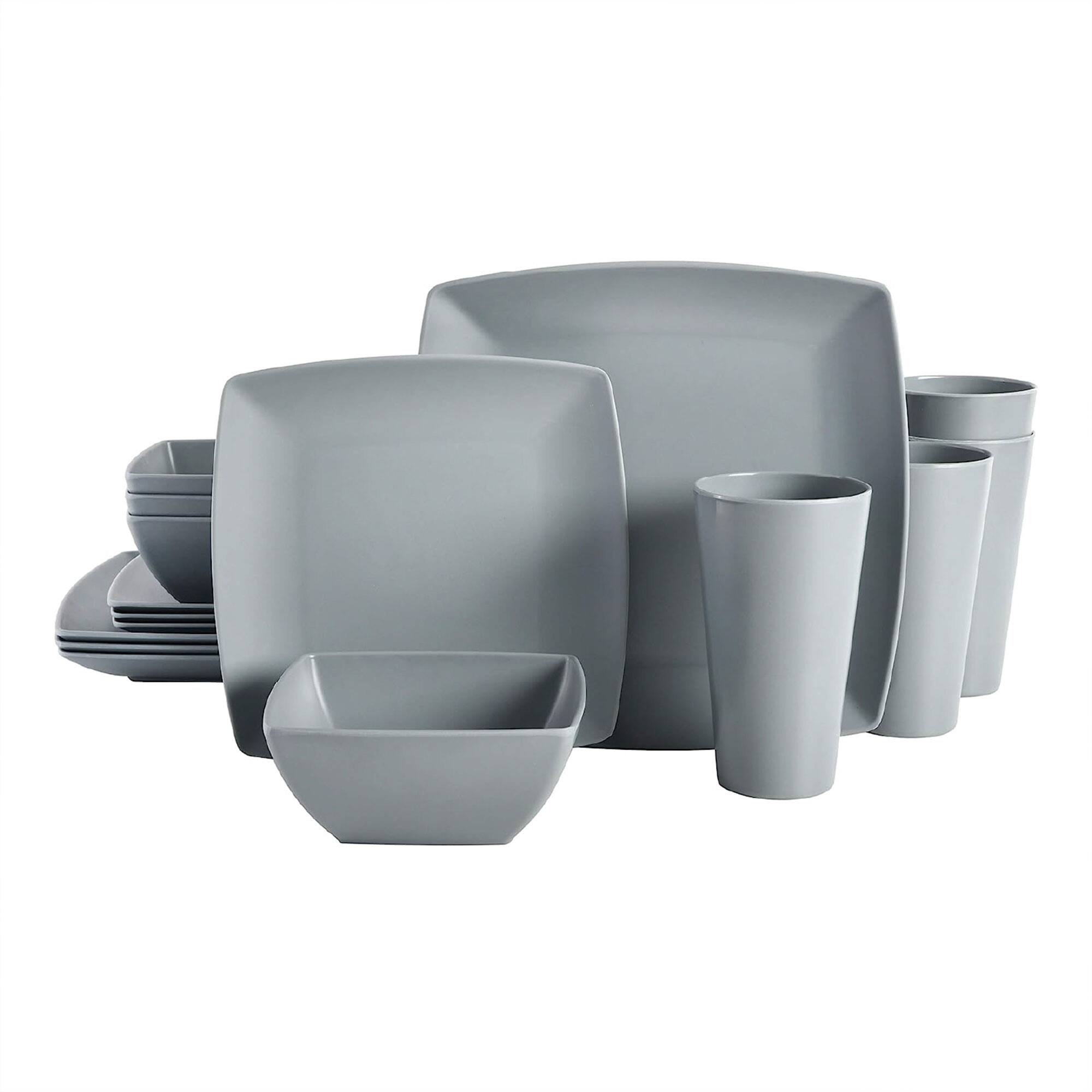 Gibson - Home 16 Piece Square Melamine Dinnerware Set Plates, Bowls, & Cups, Grey - Gray