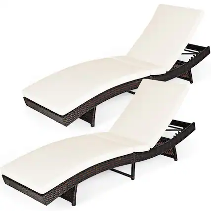 Front. Costway - 2PCS Patio Rattan Folding Lounge Chair Chaise Adjustable Cushion - White.
