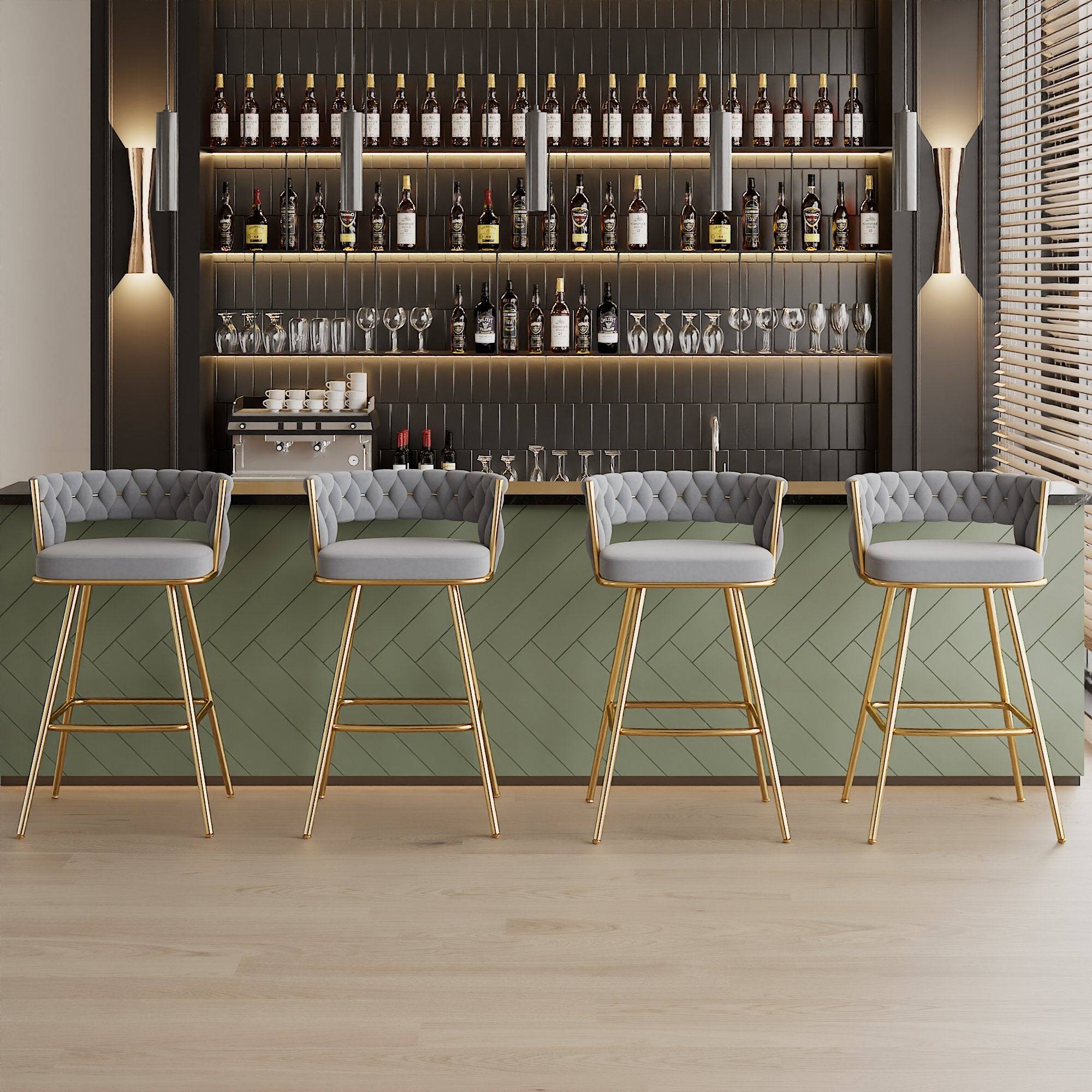 Alt View 4. Vecelo - Set of 2 PU Leather Bar Stool with Electroplated Metal Frame – 34-Inch Tall Bar Chair with Footrest - Grey.