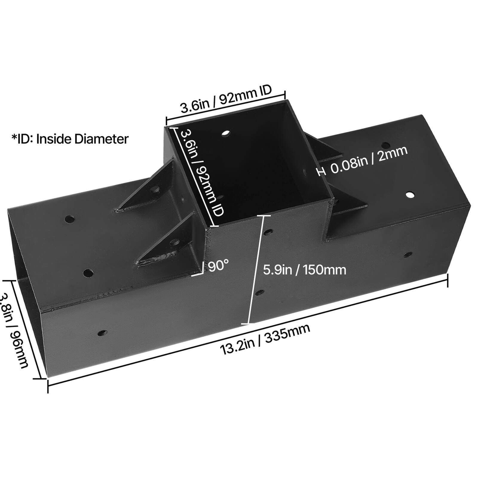 *ID: Inside Diameter

- 3.6in / 92mm ID
- 3.8in / 96mm
- H 0.08in / 2mm
- 5.9in / 150mm
- 13.2in / 335mm
- 90°