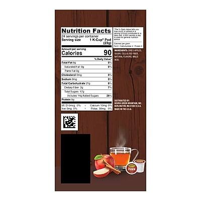 Nutrition Facts  
24 servings per container  
Serving size 1 K-Cup Pod (23g)  

Amount per serving  
Calories 90  

% Daily Value*  
Total Fat 0g 0%  
  Saturated Fat 0g 0%  
  Trans Fat 0g  
Cholesterol 0mg 0%  
Sodium 0mg 0%  
Total Carbohydrate 21g 8%  
  Dietary Fiber 0g 0%  
  Total Sugars 17g  
    Includes 16g Added Sugars 28%  
Protein 0g  

Vitamin D 0mcg 0%  
Calcium 10mg 0%  
Iron 0mg 0%  
Potassium 30mg 0%  

*Percent Daily Values are based on a 2,000 calorie diet.  

Ingredients:  
Water, Cane Sugar, Apple Juice Concentrate, Natural Flavor, Citric Acid, Pectin, Sodium Citrate, Calcium Chloride, Calcium Carbonate, Potassium Chloride, Sodium Benzoate (Preservative), Calcium Disodium EDTA (to protect flavor).  

Made in
