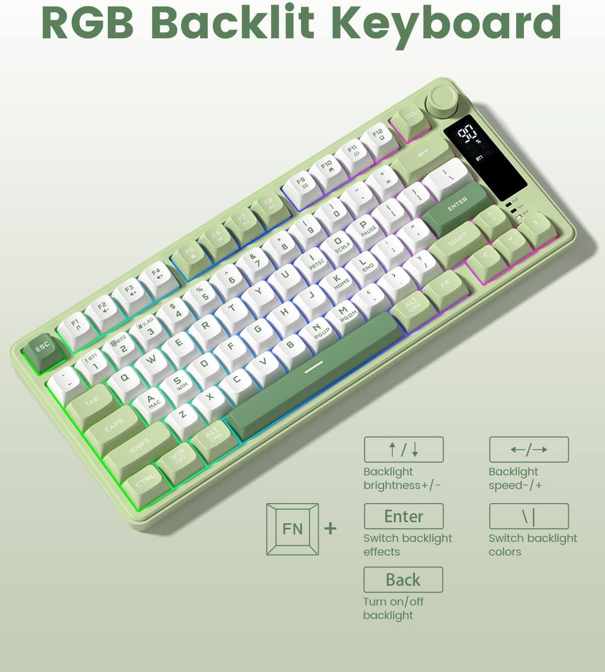 RGB Backlit Keyboard

- ESC
- F12
- F11
- F10
- F9
- F8
- F7
- F6
- F5
- F4
- F3
- F2
- F1
- 1 2 3 4 5 6 7 8 9 0 -
- Q W E R T Y U I O P
- A S D F G H J K L ;
- Z X C V B N M , . /
- TAB
- CAPS
- SHIFT
- FN
- CTRL
- ALT
- WIN
- ALT GR
- SHIFT
- WIN

- Backlight brightness +/-: FN + Up/Down Arrow
- Backlight speed +/-: FN + Left/Right Arrow
- Switch backlight effects: FN + Enter
- Switch backlight colors: FN + Enter
- Turn on/off backlight: FN + Back

- Backlight brightness +/-: FN + Up/Down Arrow
- Backlight speed +/-: FN + Left/Right Arrow
- Switch backlight effects: FN + Enter
- Switch backlight colors: FN + Enter
- Turn on/off backlight: FN + Back