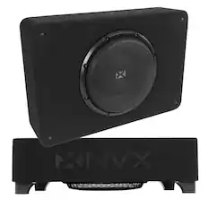 Front. NVX - BXSQ110 1200W Peak (600W RMS) Sealed 2-Ohm Loaded Enclosure with Single 10in SQ-Series Shallow-Mount Subwoofer.