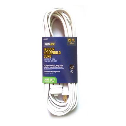 3504487
PROJEX
INDOOR HOUSEHOLD CORD
CORDON DE CASA PARA USO INTERIOR
20 ft. 6.1 m
For use with clocks, lamps, fans, and other household appliances
Para uso con relojes, lámparas, ventiladores y otros aparatos domésticos
3-outlets with safety slides
3-enchufes con salidas de seguridad
LIGHT DUTY
18 GAUGE/13 AMP