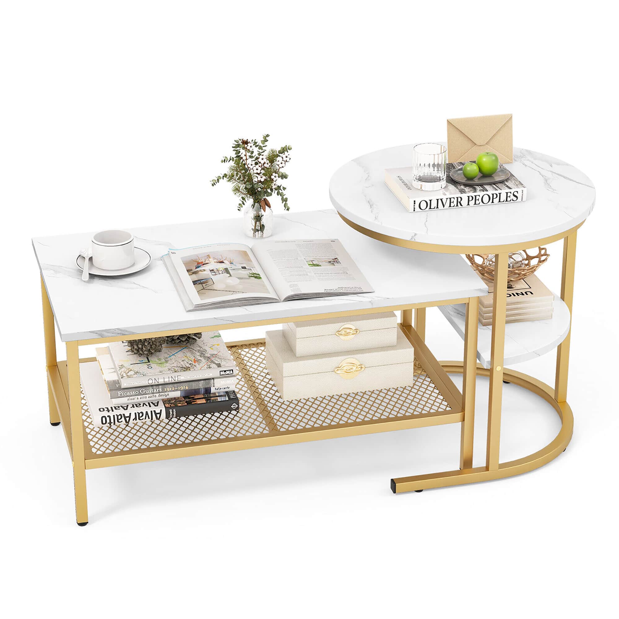 Gymax - Nesting Coffee Table Set of 2 Faux Marble Top Detachable w/ Storage Shelf Gold - Gold, White