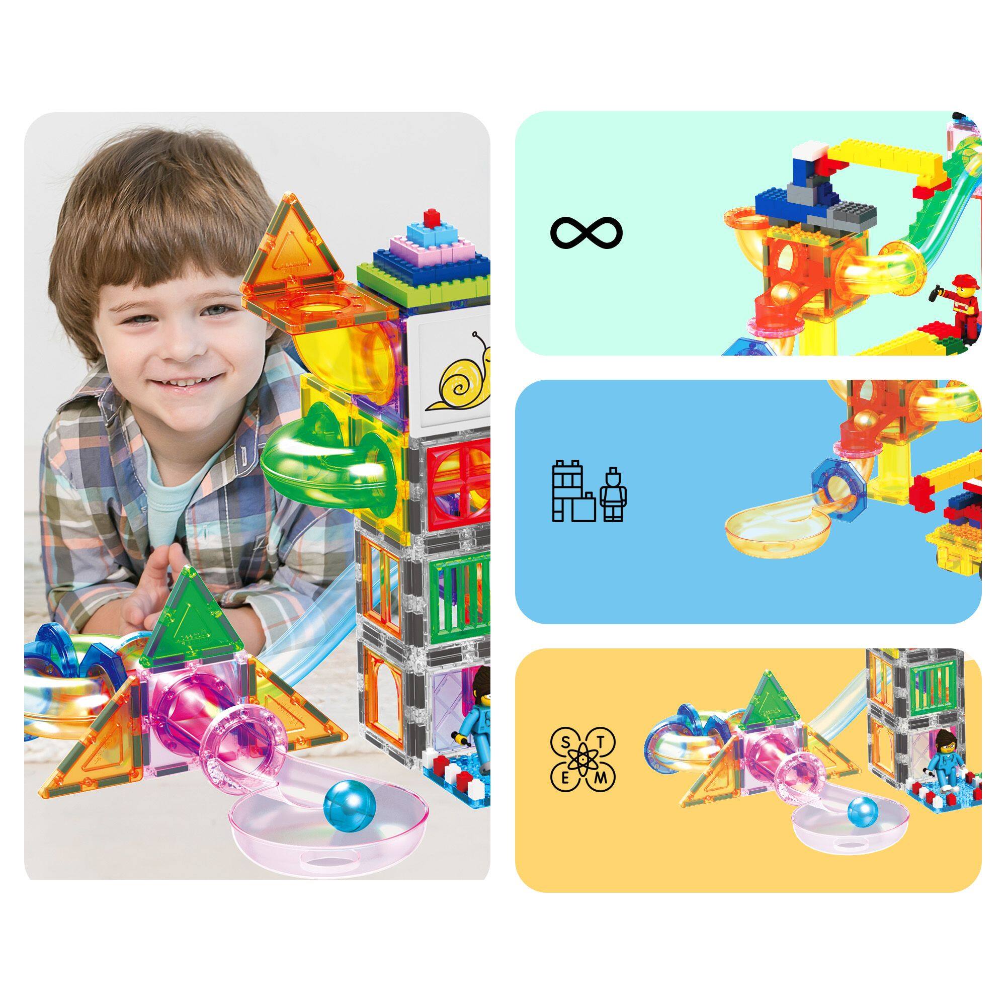 Alt View 4. PicassoTiles - 700PCS Marble Run Magnetic Tiles & Brick Combo, Magnet Building Blocks Toy Set with Storage Bin, book & Action Figures.