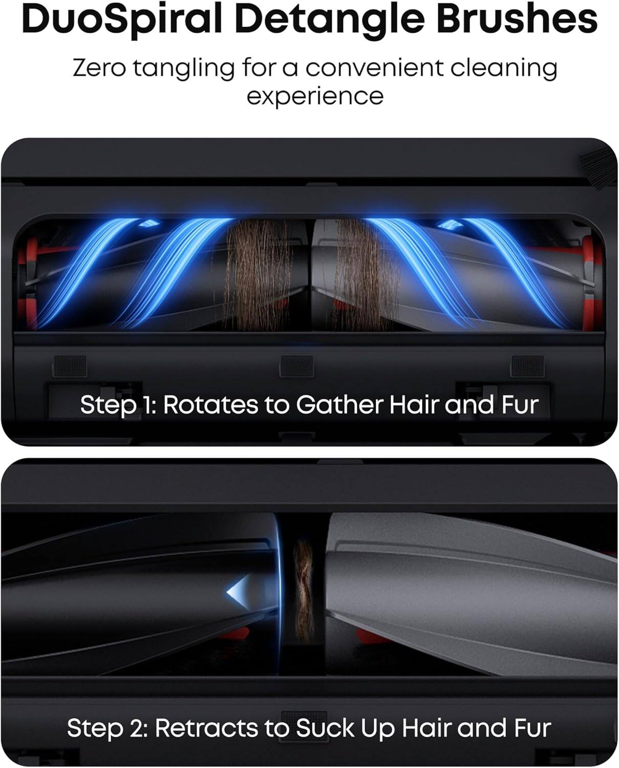 DuoSpiral Detangle Brushes
Zero tangling for a convenient cleaning experience
Step 1: Rotates to Gather Hair and Fur
Step 2: Retracts to Suck Up Hair and Fur
