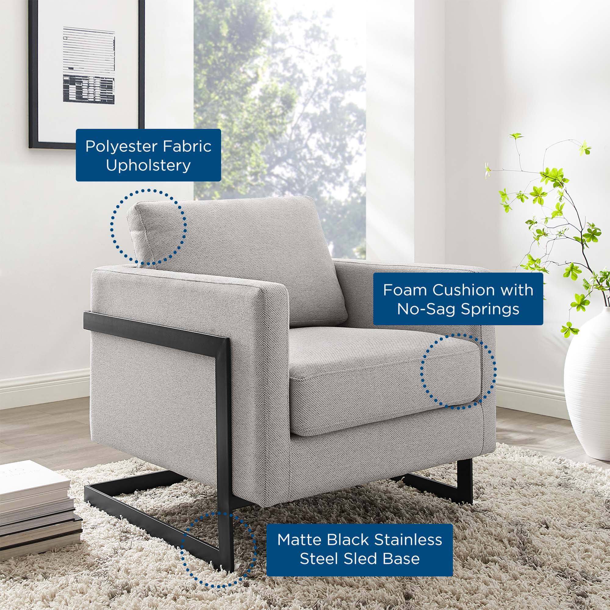 - Polyester Fabric Upholstery
- Foam Cushion with No-Sag Springs
- Matte Black Stainless Steel Sled Base